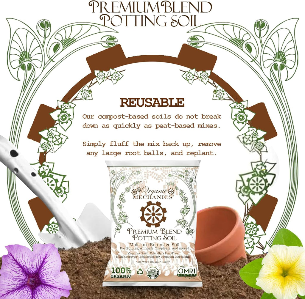 Organic Mechanics Premium Blend Potting Soil, 8 qt (Pack of 4) - Moisture-Retentive, Peat-Free, Compost - Enriched Mix with Worm Castings & Perlite for Houseplants, Annuals, Veggies & Tropical Plants