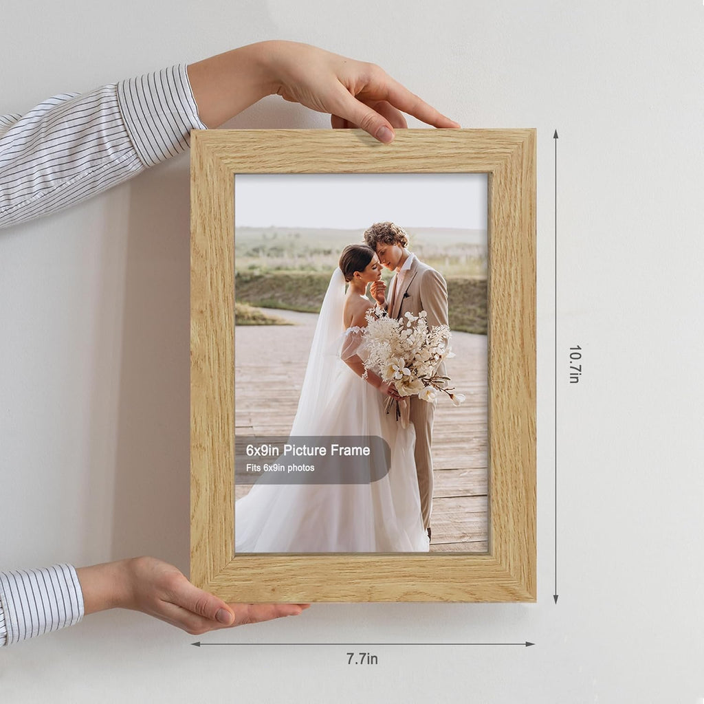 6x9 Picture Frame Set of 4, Made of Real Glass and Natural Oak Wooden Frame - 6 by 9 Photo for Wall or Tabletop Display