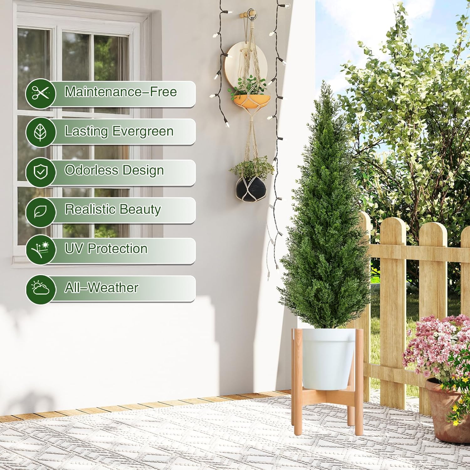 4FT Artificial Cedar Topiary Trees with Ground Spike, Set of 2 UV Resistant Fake Evergreen Bushes Shrubs Trees Artificial Plants Realistic Faux Cypress Plants for Indoor Outdoor Front Porch Garden