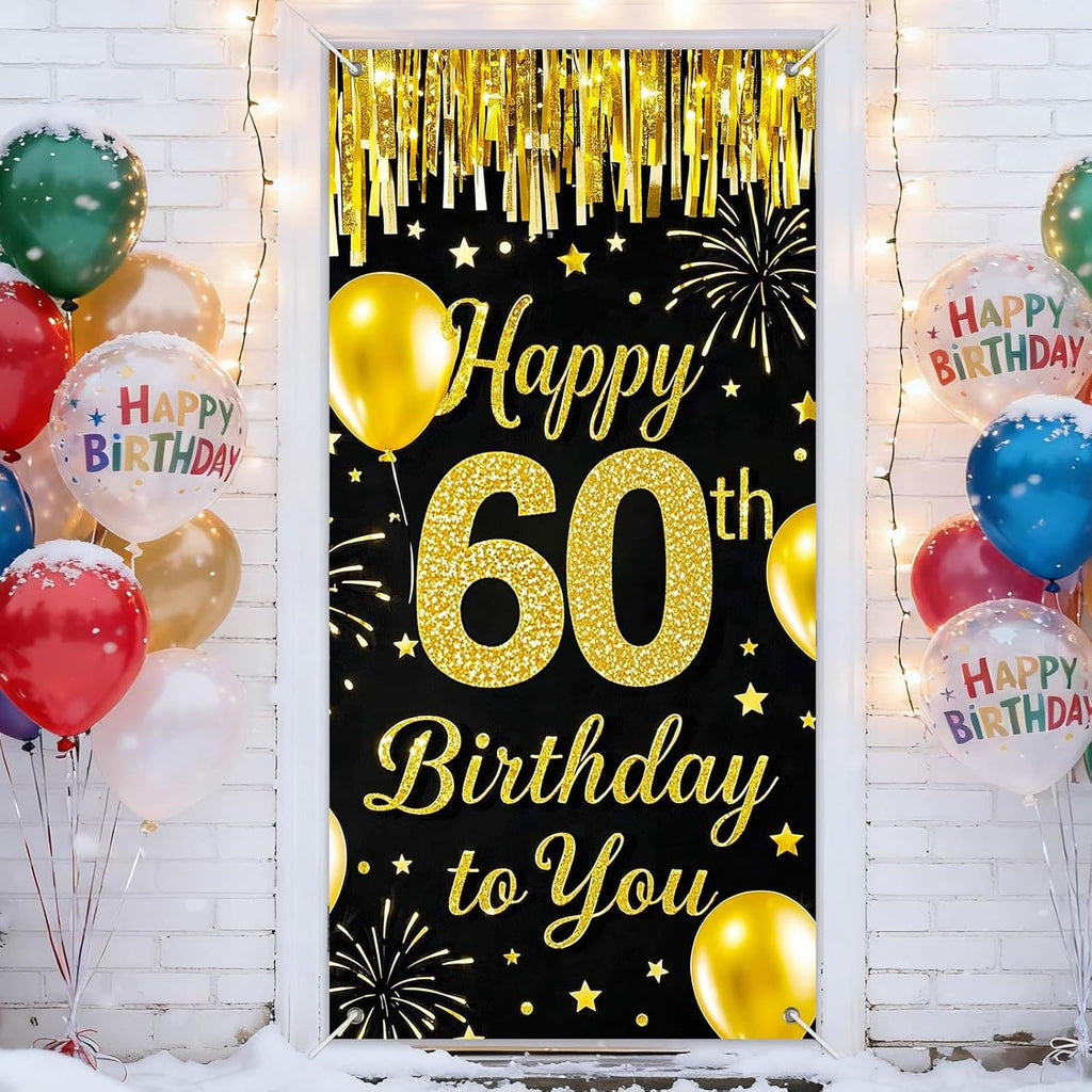 IVN 60th Birthday Door Cover 71x35 Inch Black Gold Birthday Banner for Party Decorations Balloons Stars Fireworks Backdrop Sign for Men Women Photo Booth Prop Wall Decor