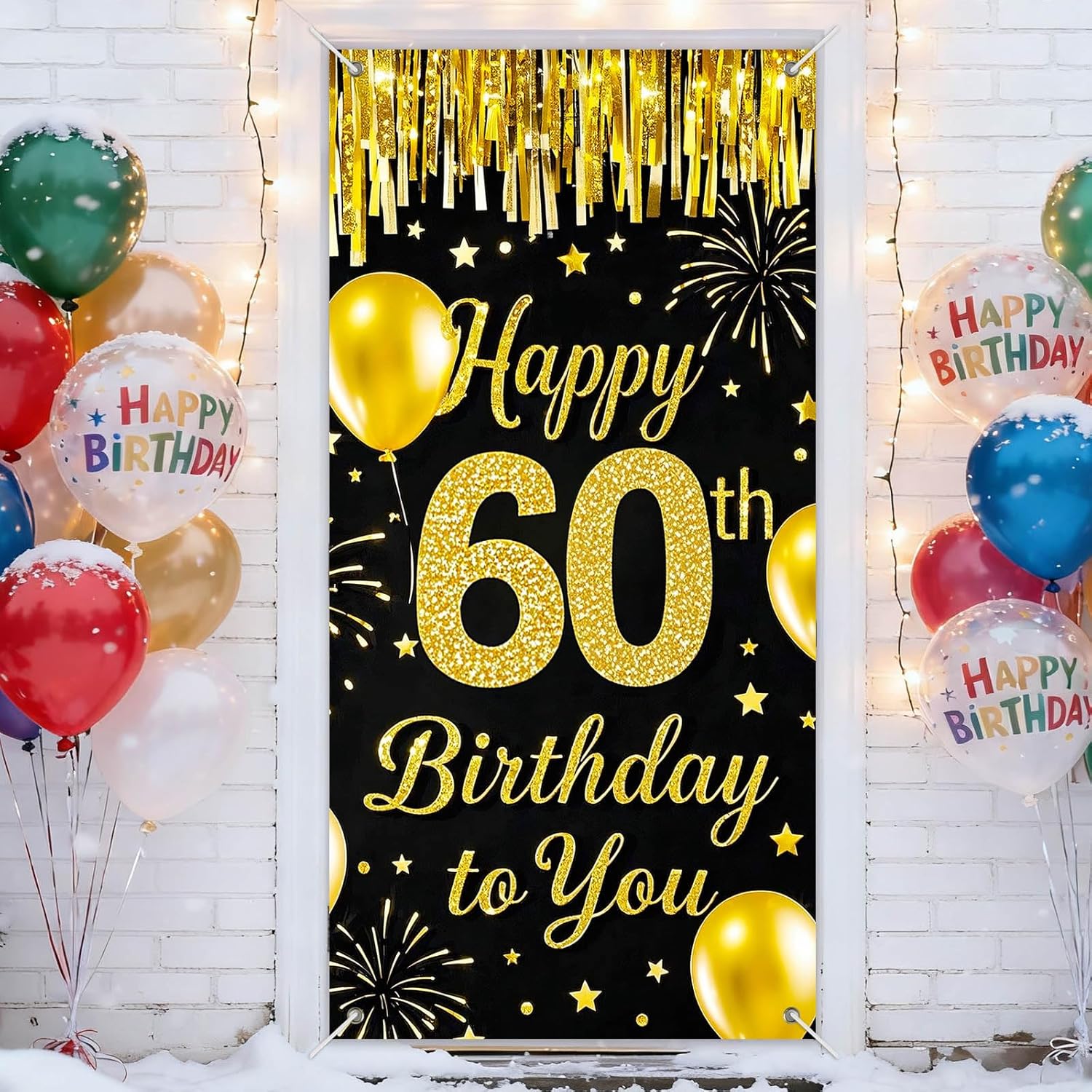 IVN 60th Birthday Door Cover 71x35 Inch Black Gold Birthday Banner for Party Decorations Balloons Stars Fireworks Backdrop Sign for Men Women Photo Booth Prop Wall Decor