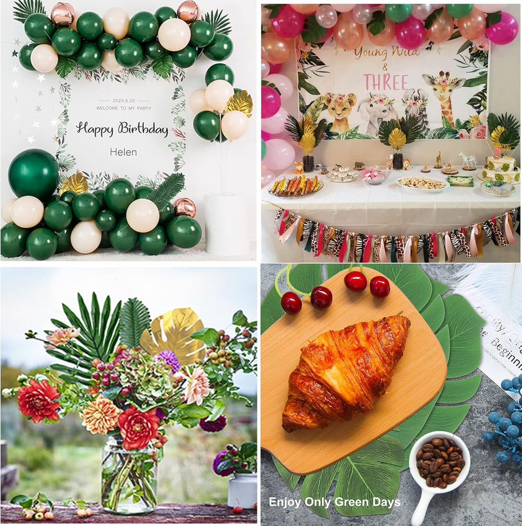 86Pcs 8Kinds Artificial Tropical Palm Leaves Jungle Safari Leaves Faux Plant Golden Leaves Decorations for Hawaiian Beach Birthday Luau Party Table Decorations
