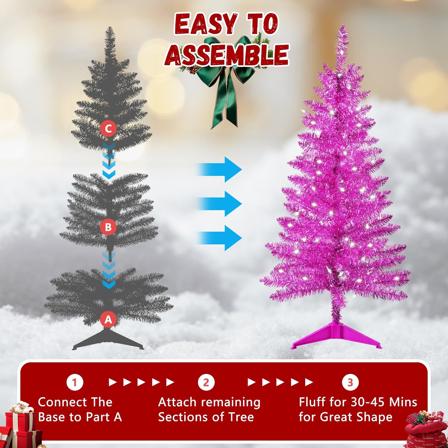 4ft Artificial Full Pink Christmas Tree with Separate Lights, Not Pre-lit Mini Pink Tinsel Pine Christmas Tree, 50 Lights, Small Xmas Tree for Home, Office, Party Decoration, Indoor