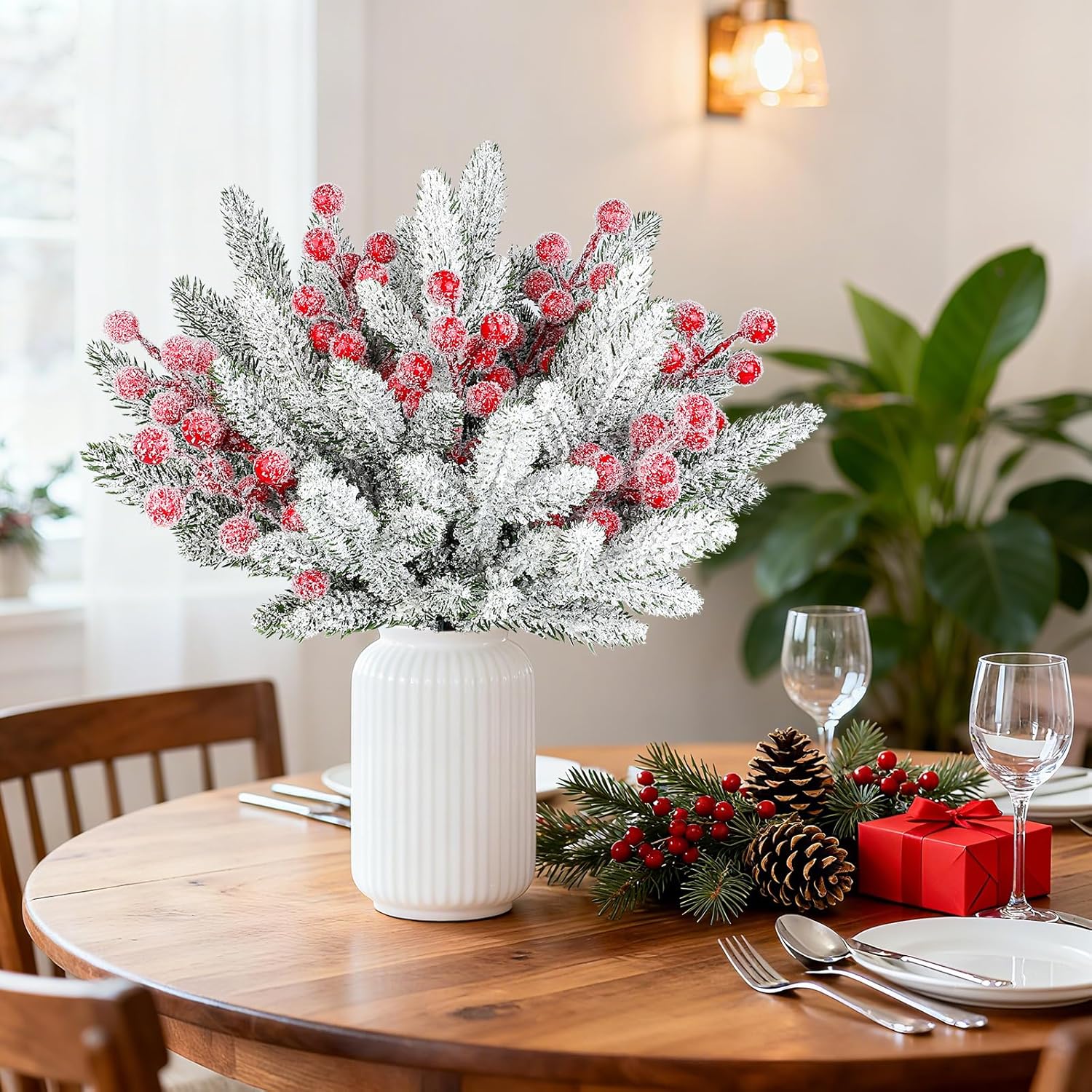 YIYA 30PCS Artificial Christmas Snow Frosted Berries Christmas Snowy Pine Needles Artificial Christmas Flowers for Home Decor Winter Wedding Decor Holiday DIY Crafts