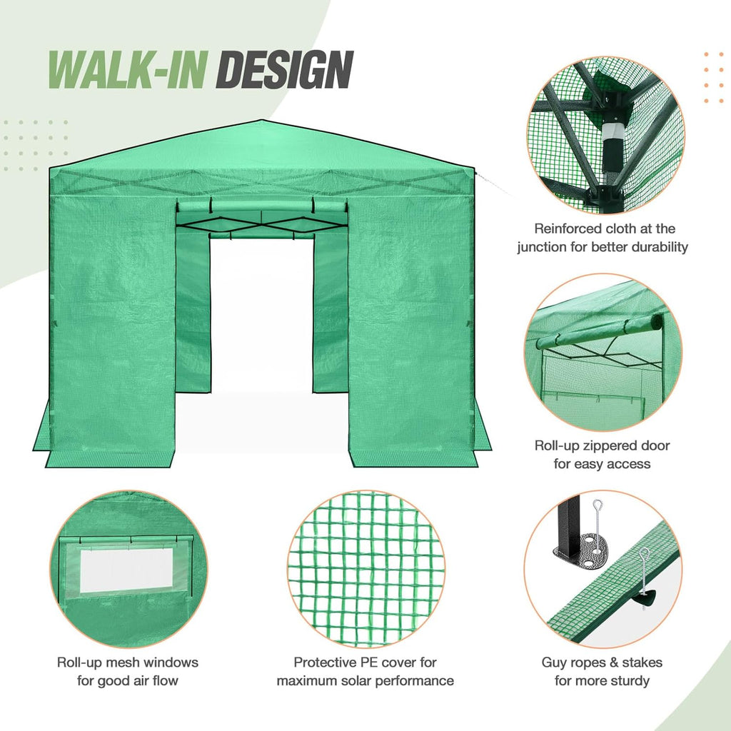 EAGLE PEAK Instant Pop-up Greenhouse, Indoor Outdoor Plant Gardening Green House, Roll-Up Zipper Doors and Side Windows, Walk in 10x10 ft, Green/Clear