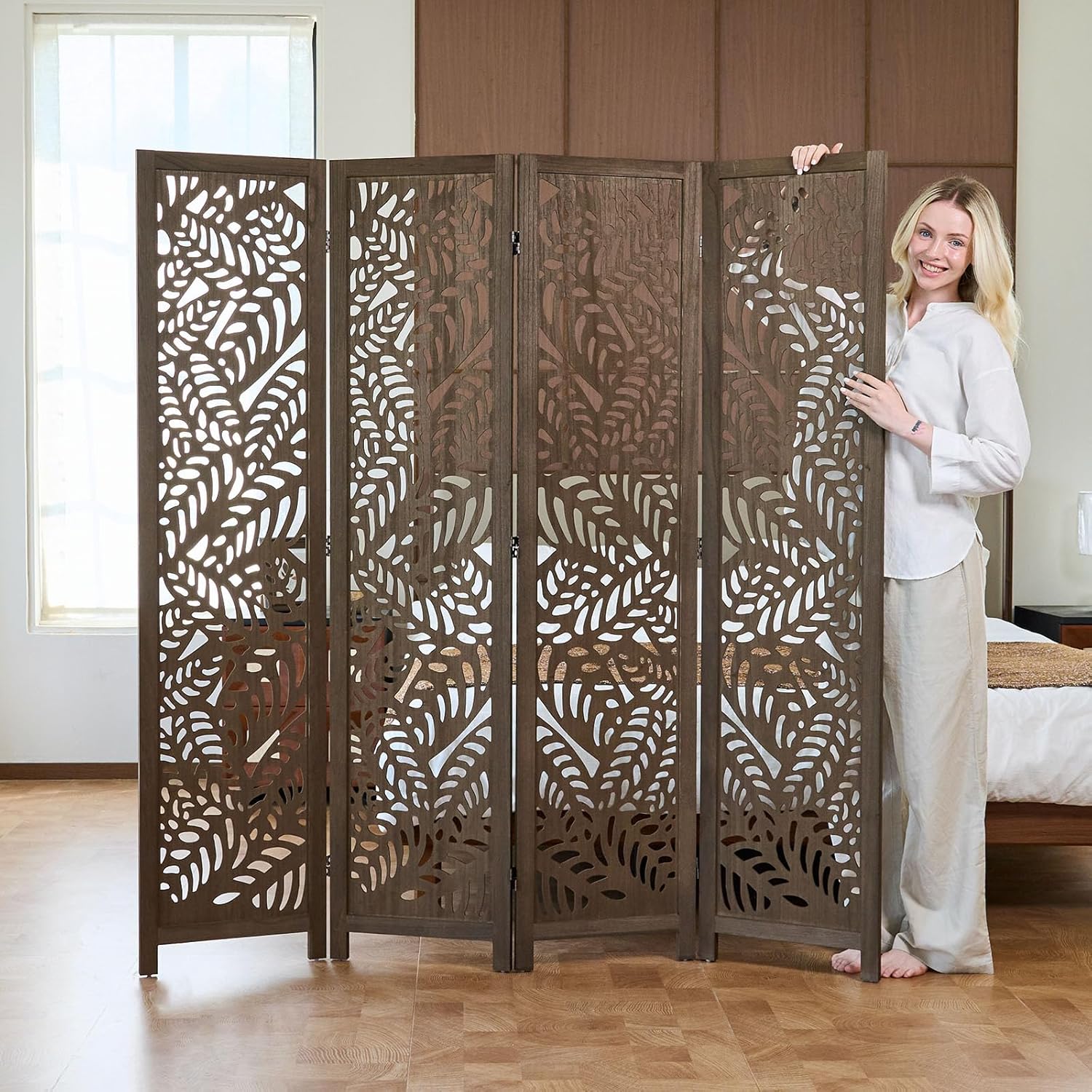 Leaf-Carved Room Divider Privacy Screen - 67 Inch Tall Foading Decorative Wood Screen Dividers Panel for Home - Natural Wood Room Partitions for Enhanced Privacy and Style Brown 4 Panel