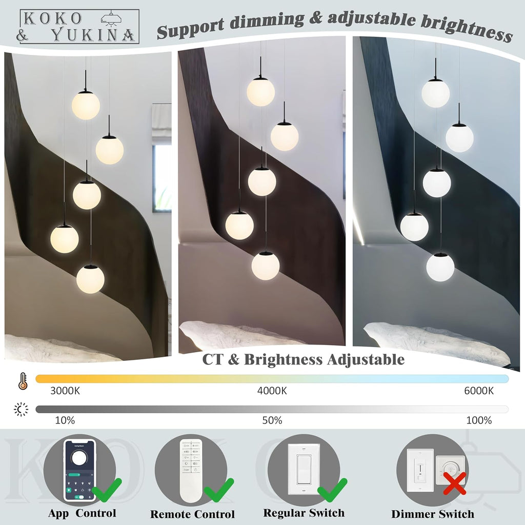 KoKo&Yukina 5-Light Globe Glass Pendant Light Adjustable Length Pendant Lights Fixtures Modern Black Chandelier with Milky White Glass Ceiling Lights for Living Room Staircase (Bulb & Remote Incl.)