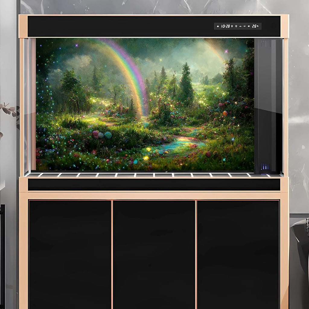 Fantasy Forest Aquarium Background Rainbow Colorful Flowers Terrarium Background Jungle Plants Foggy Misty Rainforest Fish Tank Background Mysterious Forest Reptile Habitat Background Vinyl 30x12in