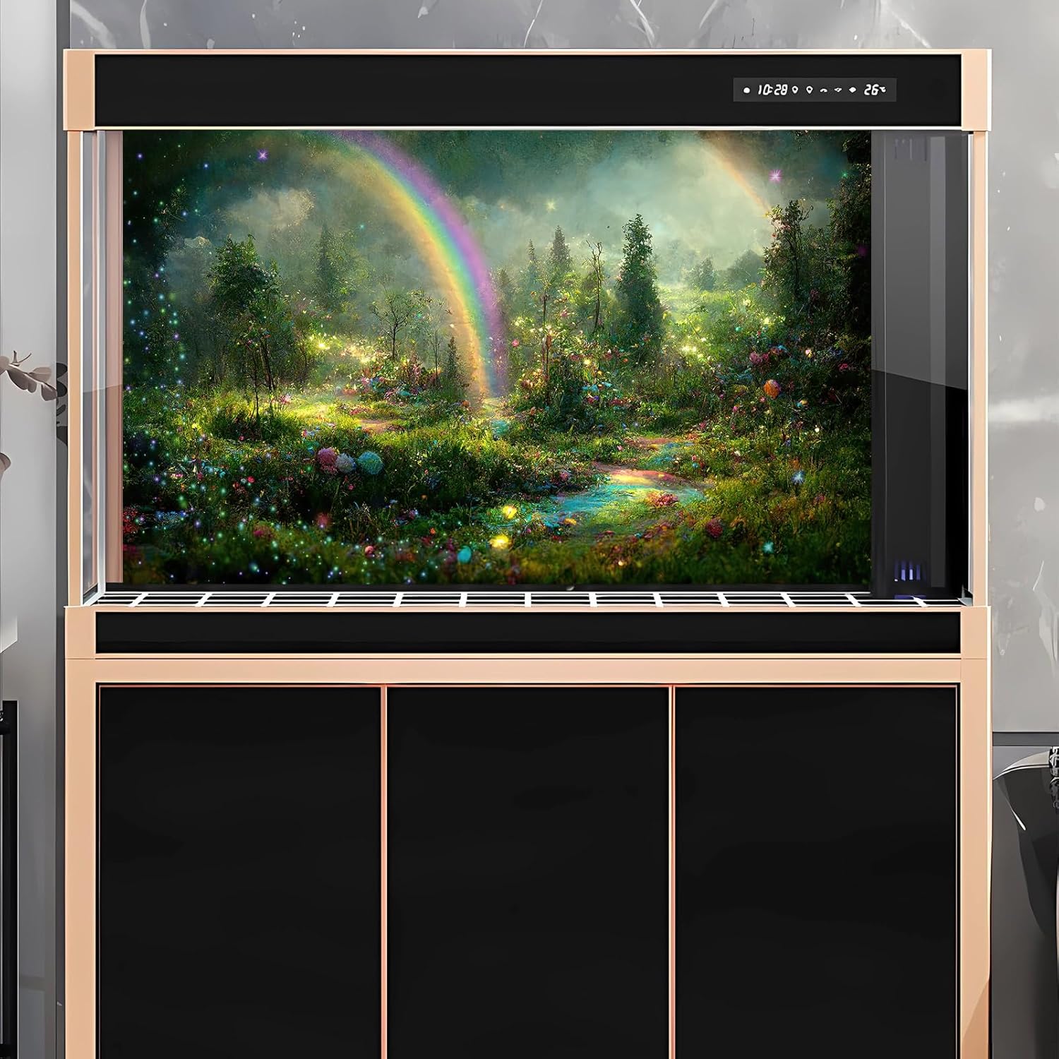 Fantasy Forest Aquarium Background Rainbow Colorful Flowers Terrarium Background Jungle Plants Foggy Misty Rainforest Fish Tank Background Mysterious Forest Reptile Habitat Background Vinyl 30x18in