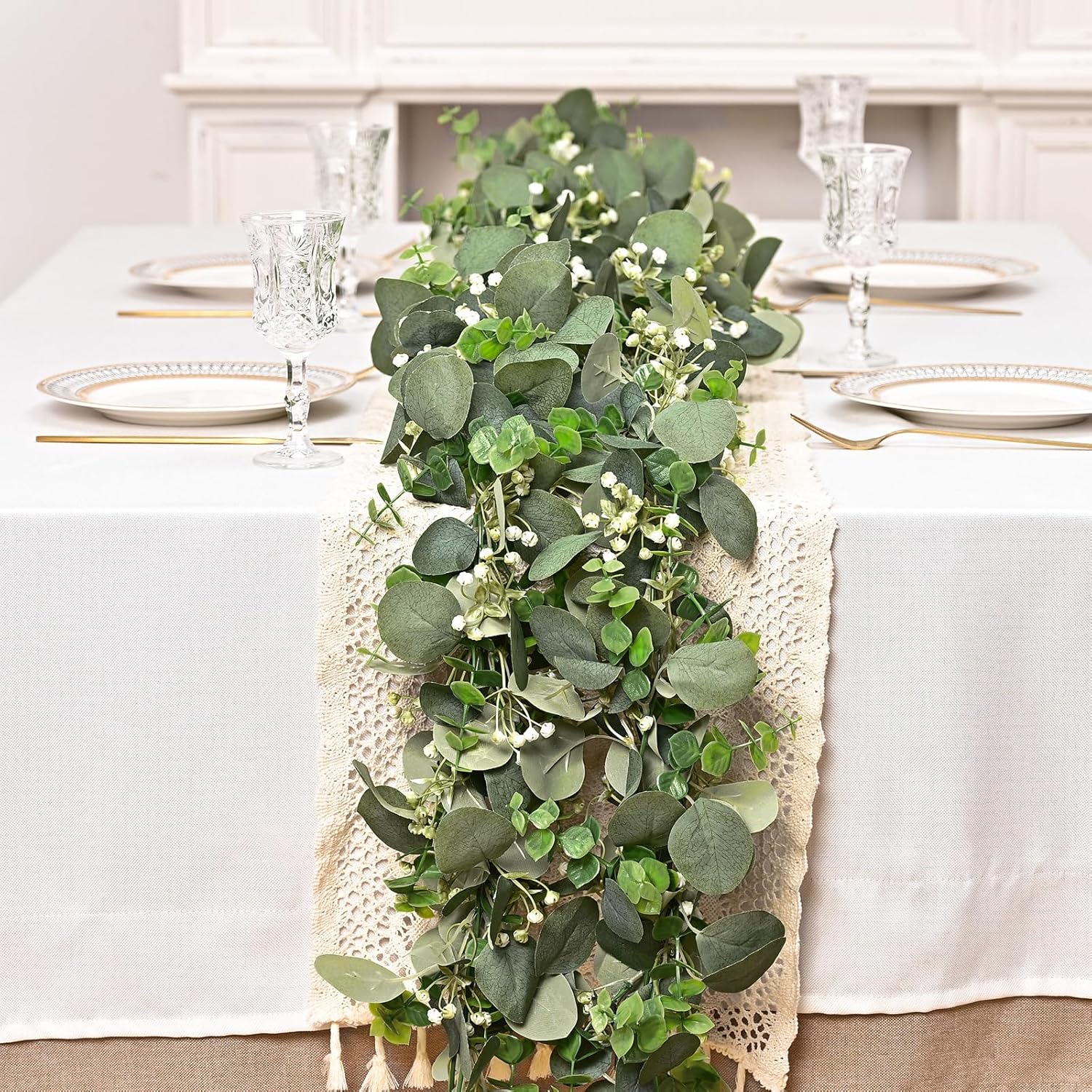 Dolicer 2 Packs 6FT Artificial Eucalyptus Garland, Faux Greenery Garland Fake Vines Hanging Silver Dollar Eucalyptus Leaves for Wedding Backdrop Arch Table Wall Party Home Decor