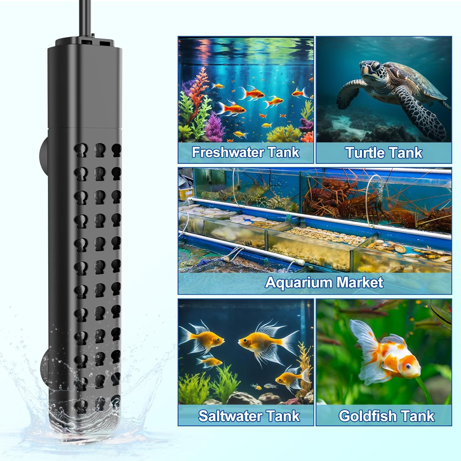 Submersible Aquarium Heater 100W/200W/300W/500W, Fish Tank Heater with high-Temperature Protection and Turtle Tank Heater with Automatic Power-Off When Leaving seawater or Freshwater.