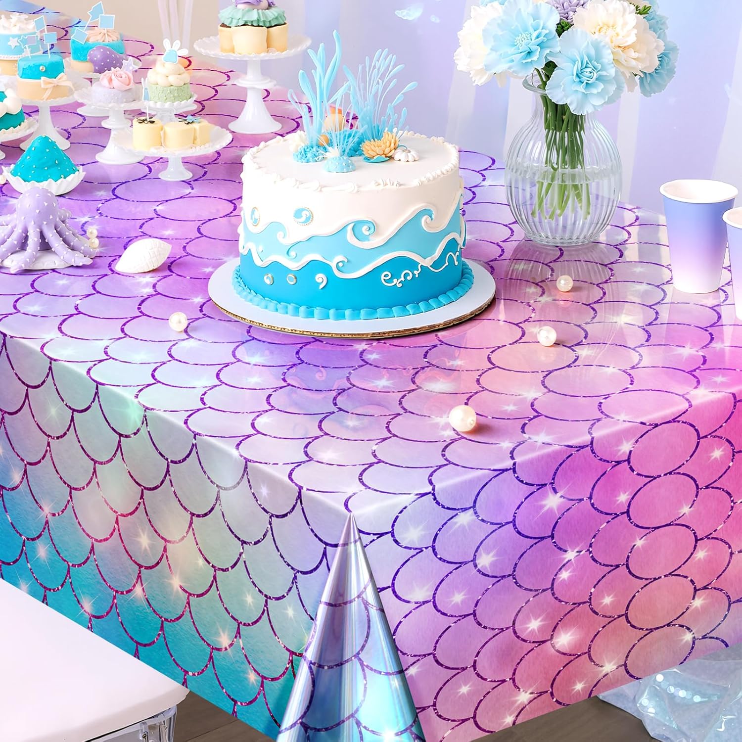 2 Pack Mermaid Tablecloth, 54x 108” Blue & Purple Disposable Table Cover, Fish Scale Design, Plastic Party Decoration for Under The Sea, Princess, Baby Shower, Kids Birthday