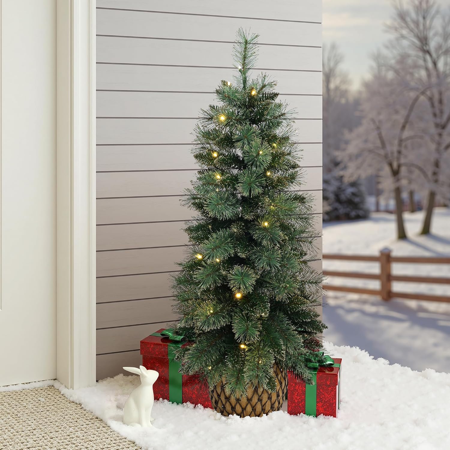 LuxenHome 4FT Small Christmas Tree, Prelit Slim Potted Artificial Christmas Trees with 50 Warm White LED Lights, Realistic Faux Pine Tree with Rattan Style Pot for Entrance, Hallway Display