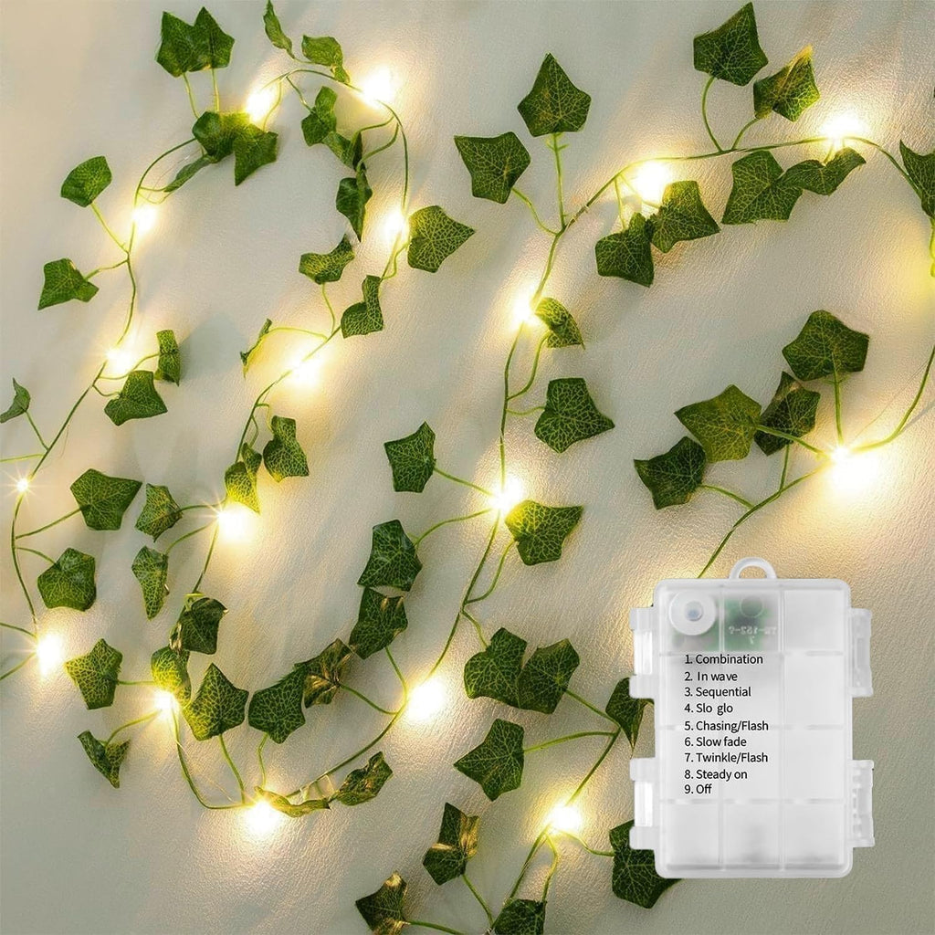 33 Ft Vine with Fairy Lights Battery Operated, 8 Flashing Model Waterproof 100 LEDs Battery Powered Artifical Ivy Leaves Vine String Light for Garland Bedroom Wedding Party Holiday Patio Decor