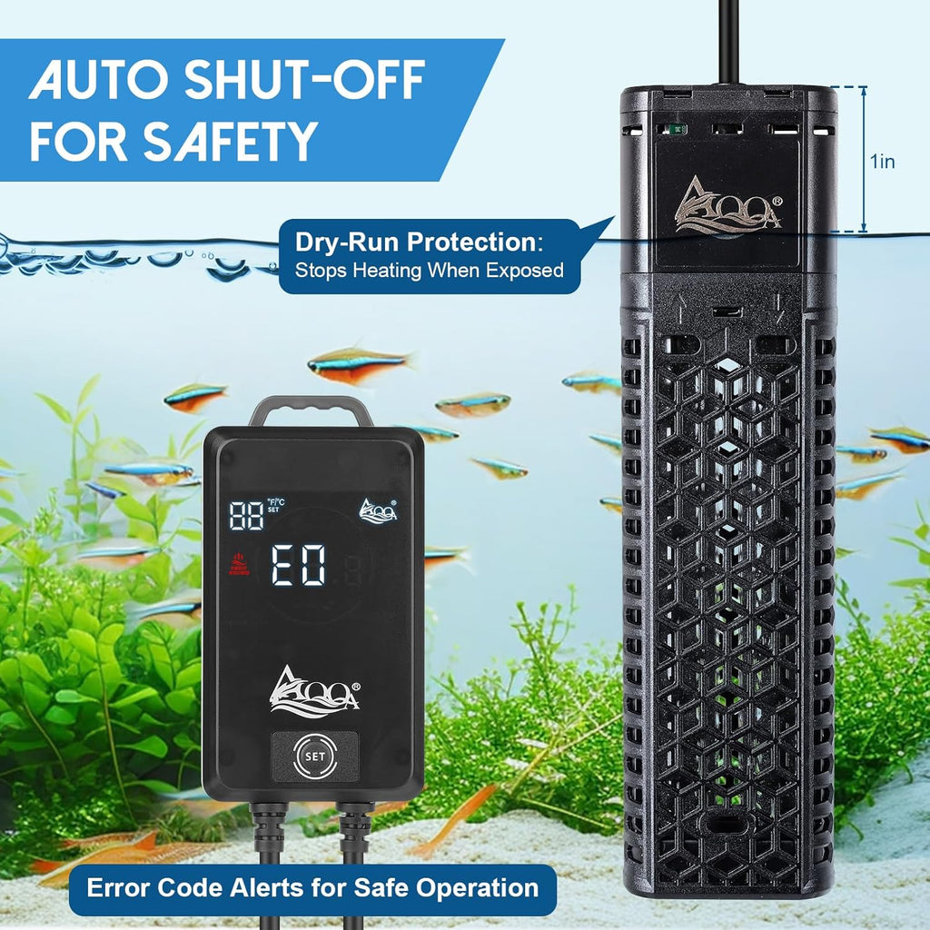 AQQA 1000W Aquarium Heater for 135-172 Gallon, Dual Quartz Submersible Fish Tank Heater with Digital Controller, 59-93°F Adjustable Temp, Dry Burn & Overheat Protection – for Freshwater & Saltwater