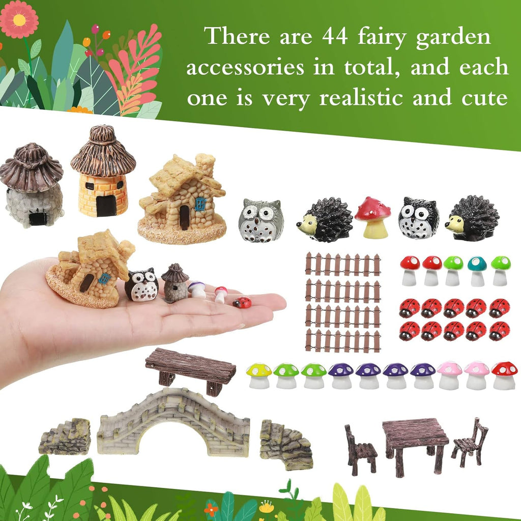 58 Pcs Mini Garden Accessories Set Fairy Village Miniature Fairy House Starter Kit Mini Terrarium Figurines Micro Landscape Mixed Model Tree Diorama Supplies for DIY Succulent Dollhouse Craft