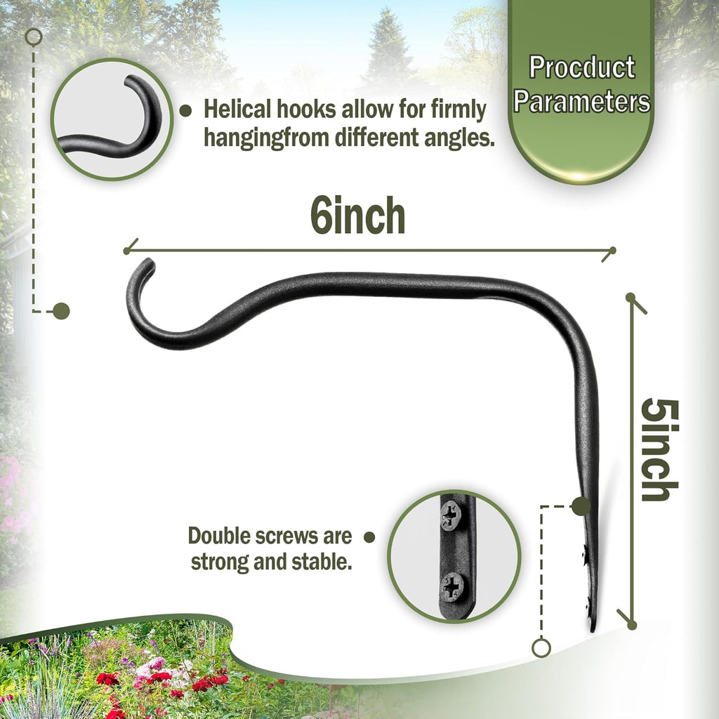 Durable Plant Hangers Brackets: 2 Pack 6 Inch Outdoor Metal Hanging Plant Brackets - Rustproof Wall Hooks for Hanging Flower Basket Bird Feeders Wind Chimes and Lanterns