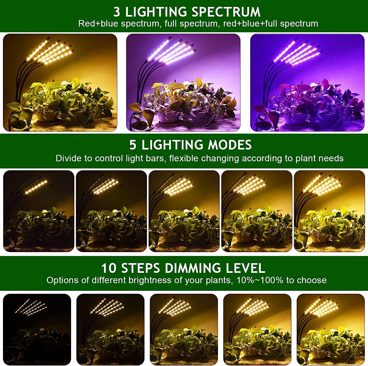 Grow Lights for Indoor Plants,5 Heads Red Blue White Full Spectrum Plant Light with 15-60" Adjustable Tripod Stand, Indoor Grow Lamp with Remote Control and Auto On/Off Timer Function
