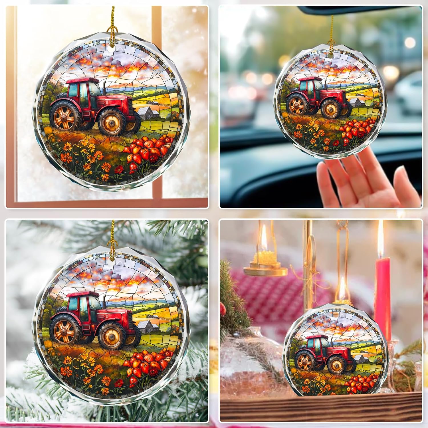 Stained Glass Tractor Ornament - Christmas Tree Decoration, Gift Idea for Holidays