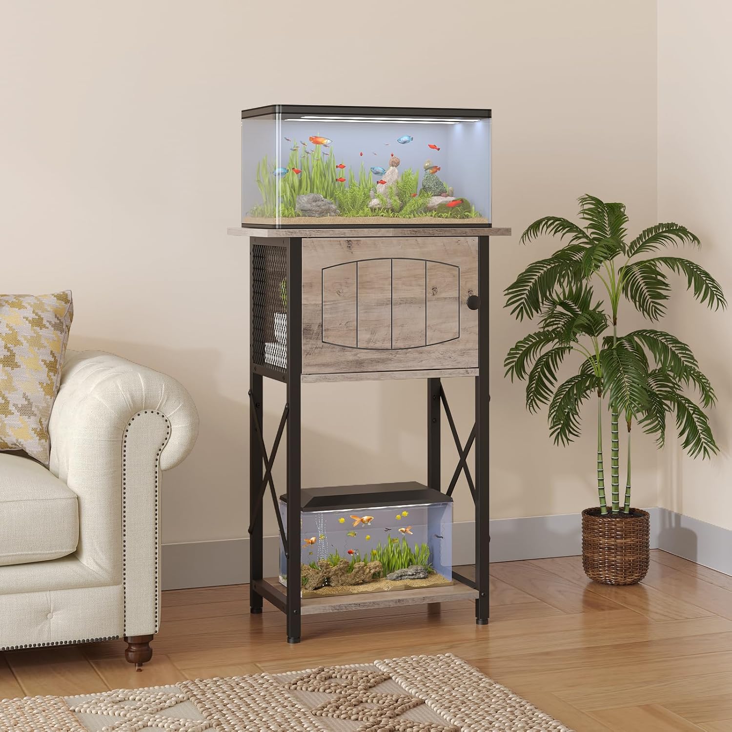 HOOBRO 10 Gallon Aquarium Stand, Fish Tank Stand with Cabinet Storage, Reptile Turtle Tank Stand with Metal Frame, 20.5" L x 11" W , 220 LBS Capacity, Greige BG28FT01