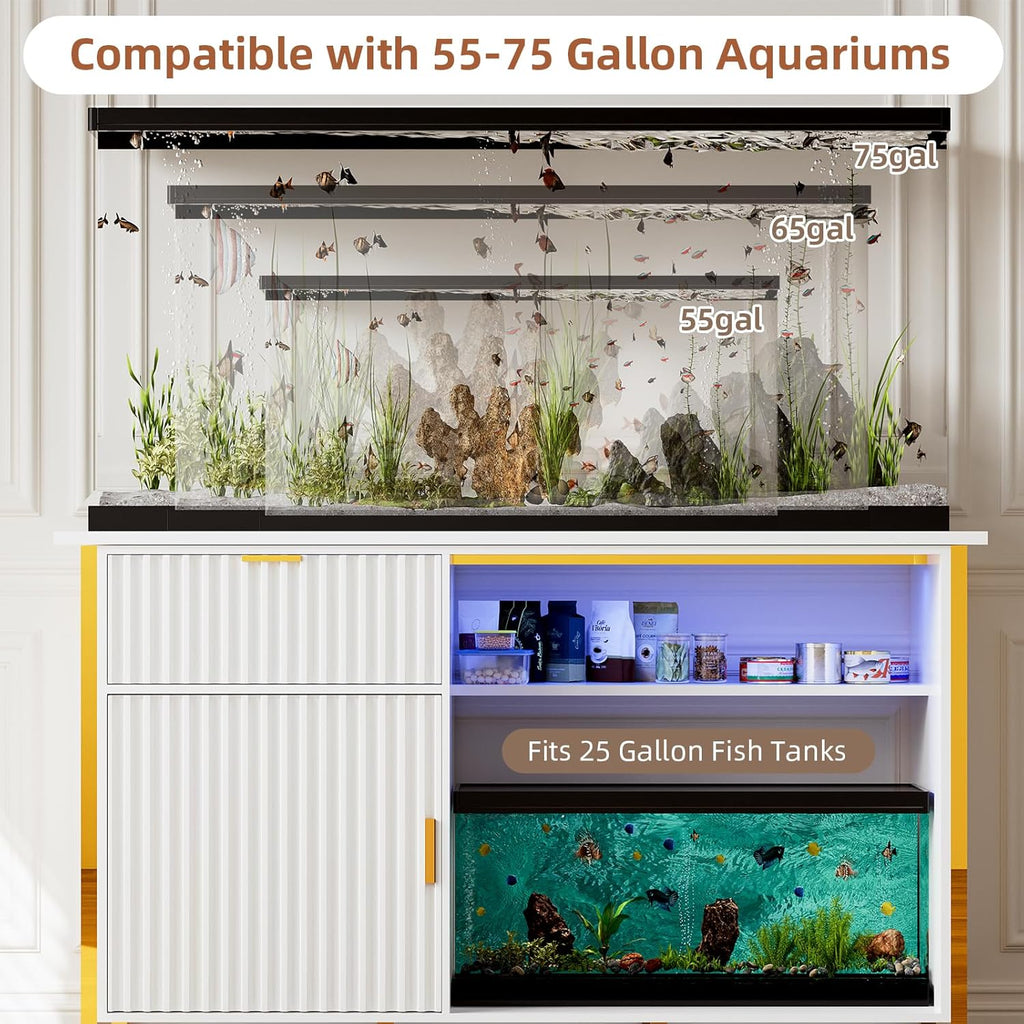 55-75 Gallon Fish Tank Stand with Power Outlets, LED Light, Vertical Lines, Heavy Duty Aquarium Stand with Cabinet for Fish Tank Accessories Storage, Turtle Tank, Reptile Terrarium, 1100LBS, White