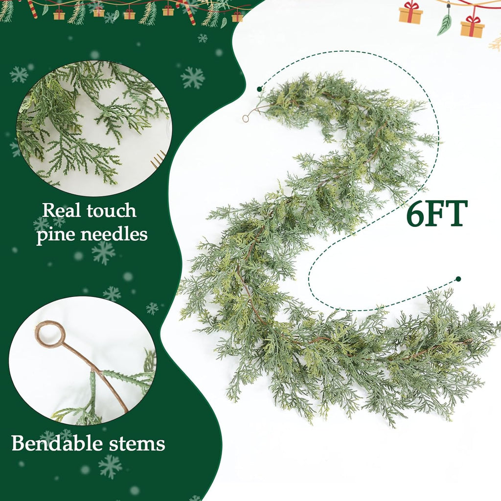 MIZII Christmas Garlands 6 Feet Artificial Pine Garland Real Touch Green Pines Vine Faux Greenery Garland Christmas Decorations for Xmas Fireplace Mantle Home Decor Indoor Outdoor (Green Pine)