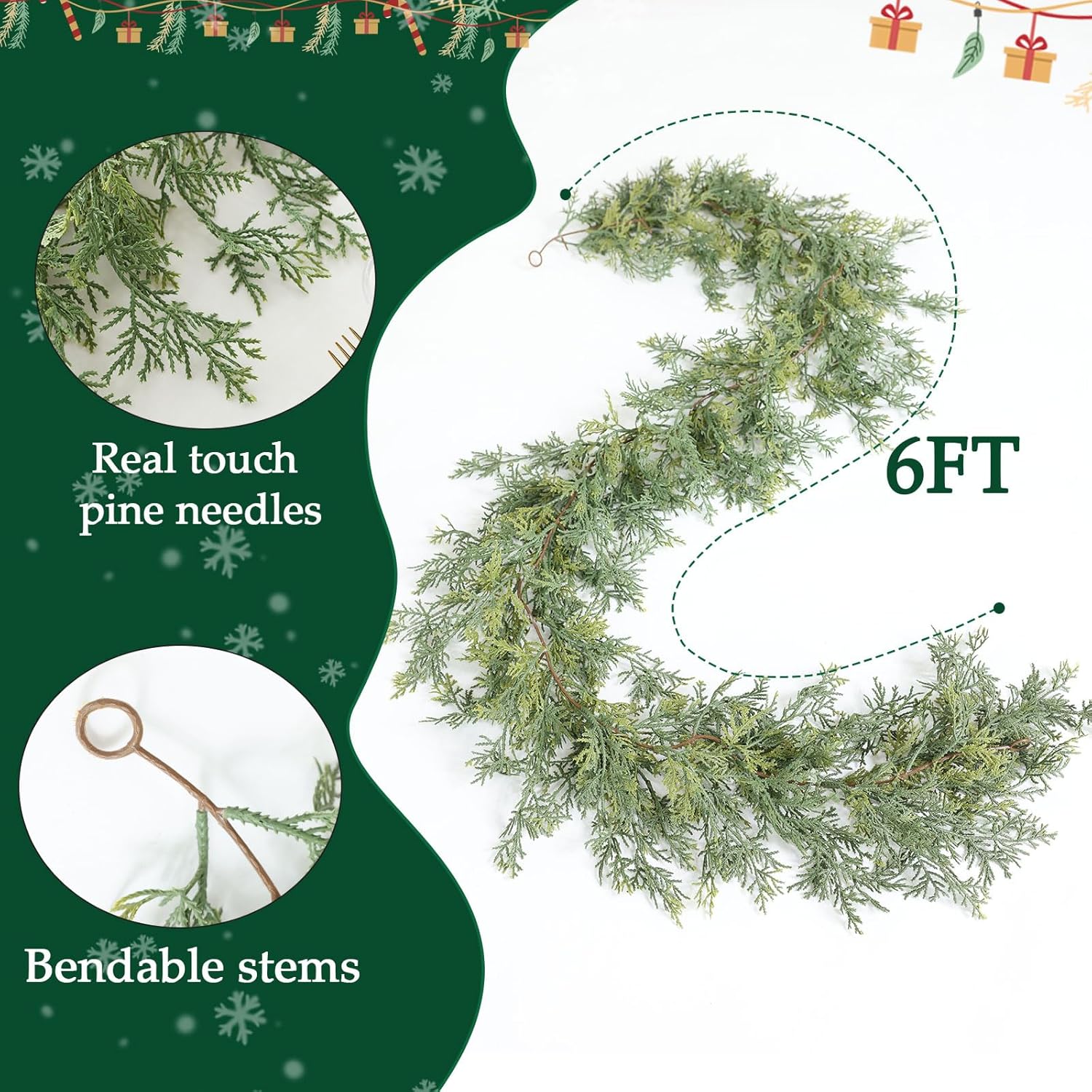 MIZII Christmas Garlands 6 Feet Artificial Pine Garland Real Touch Green Pines Vine Faux Greenery Garland Christmas Decorations for Xmas Fireplace Mantle Home Decor Indoor Outdoor (Green Pine)