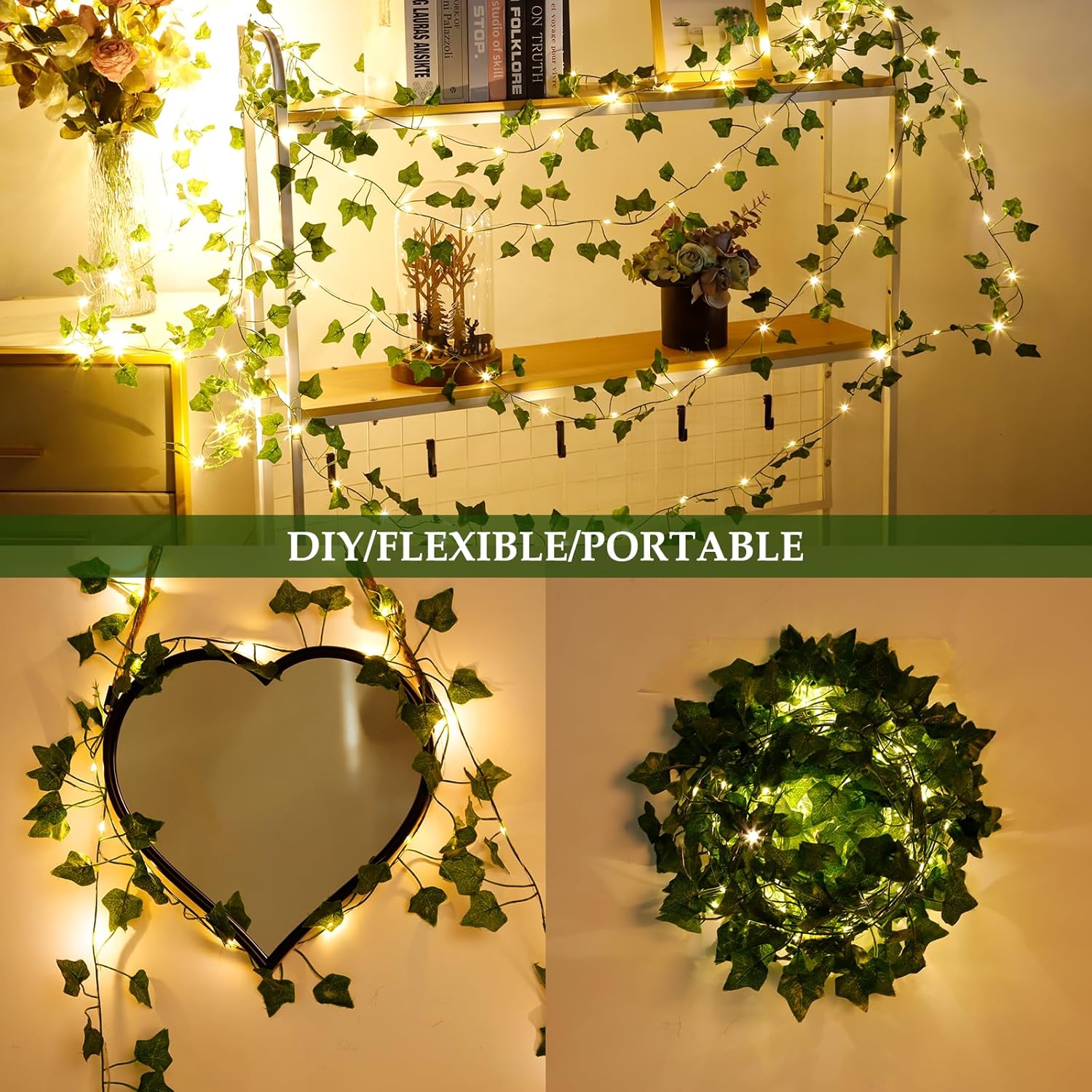 33ft 100 LED Vine with Fairy Lights with Remote，Artificial Greenery Ivy Leaf Garland String Lights，Leaf for Bedroom, Room, Wall, Garden, Party, Wedding Decor (Warm White)