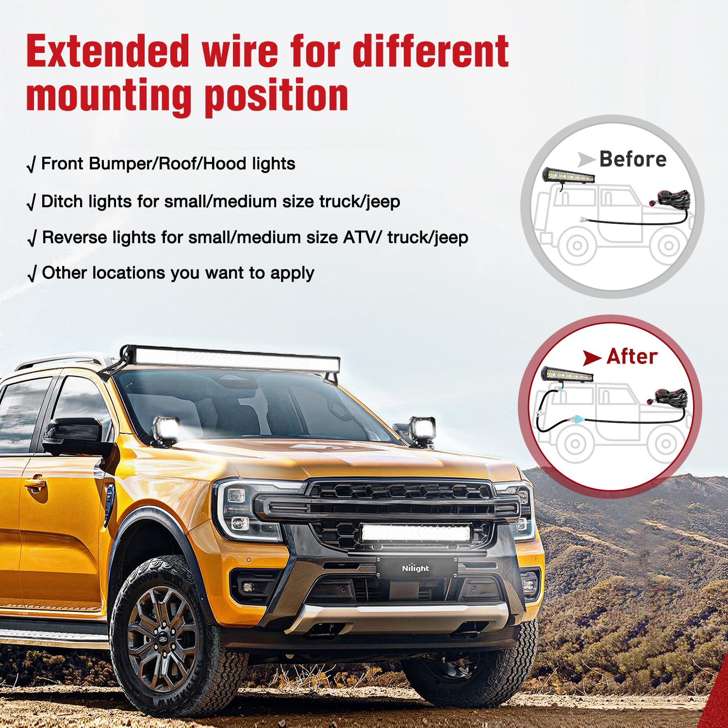 Nilight LED Light Bar Wiring Harness 2 PCS 12 AWG Extension Kit 10 Feet for Off Road Work Lights Driving Fog Boat Lighting