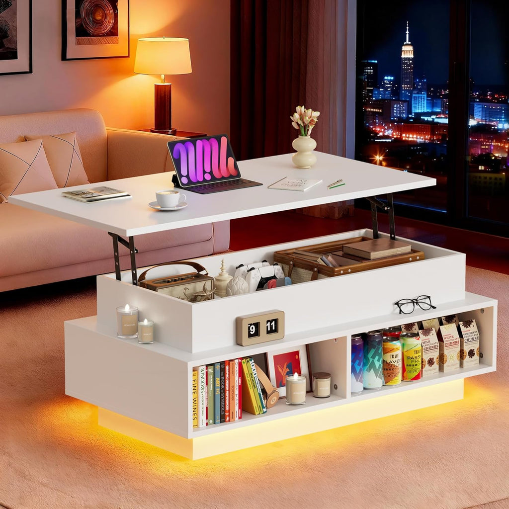 JUMMICO 40" Modern Lift Top Coffee Table with Storage & 4 Bottom Shelves, Square Wooden Center Table with LED Lights, Rising Dining Table with Storage Shelves for Living Room and Home Office (White)