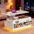 JUMMICO 40" Modern Lift Top Coffee Table with Storage & 4 Bottom Shelves, Square Wooden Center Table with LED Lights, Rising Dining Table with Storage Shelves for Living Room and Home Office (White)