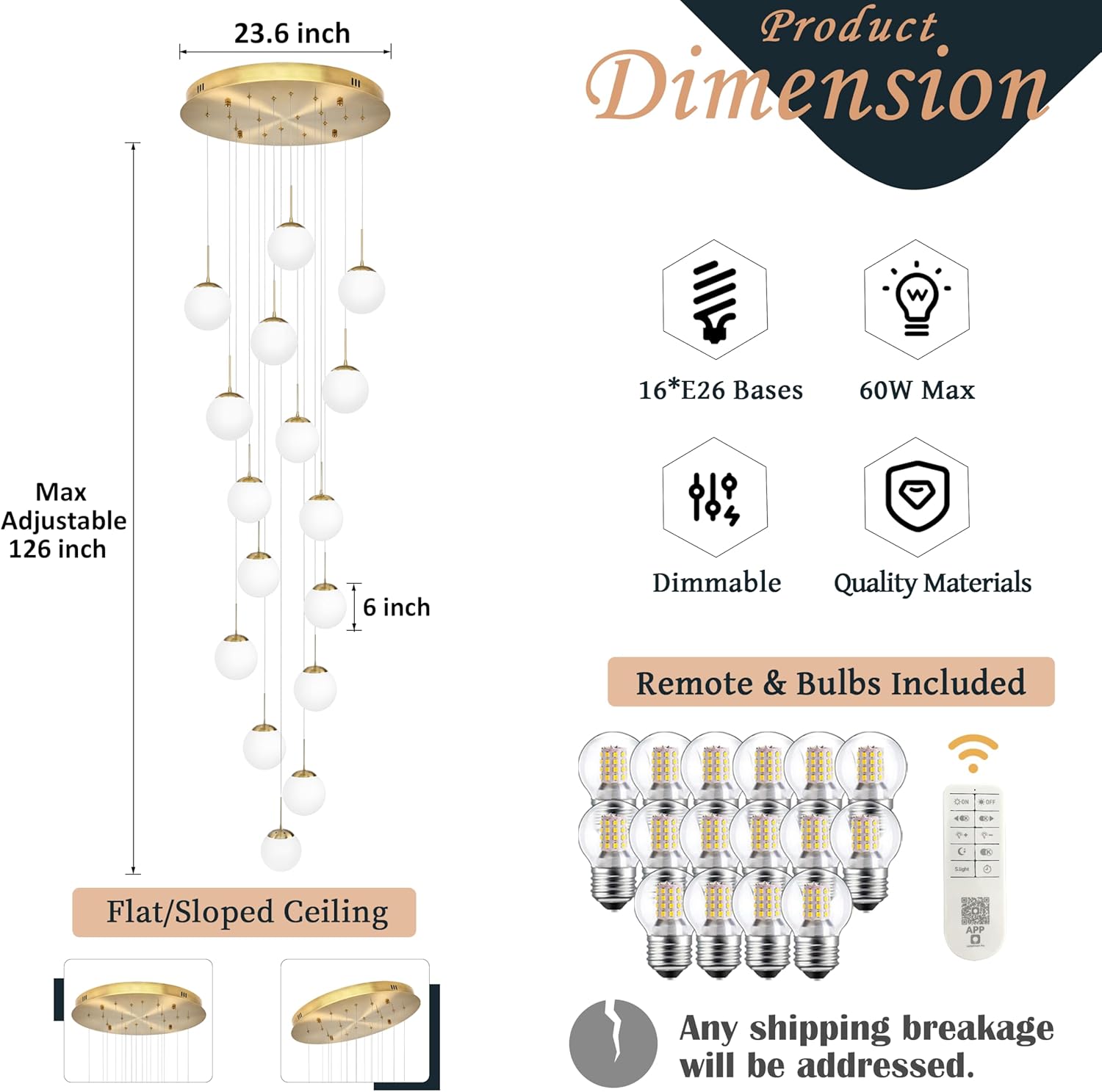 KoKo&Yukina 16-Light Gold Mid Century Modern Chandelier for Living Room Staircase Chandelier for Entryway Globe Milky White Glass Pendant Light High Ceiling Chandeliers Foyer (Bulb & Remote Incl.)