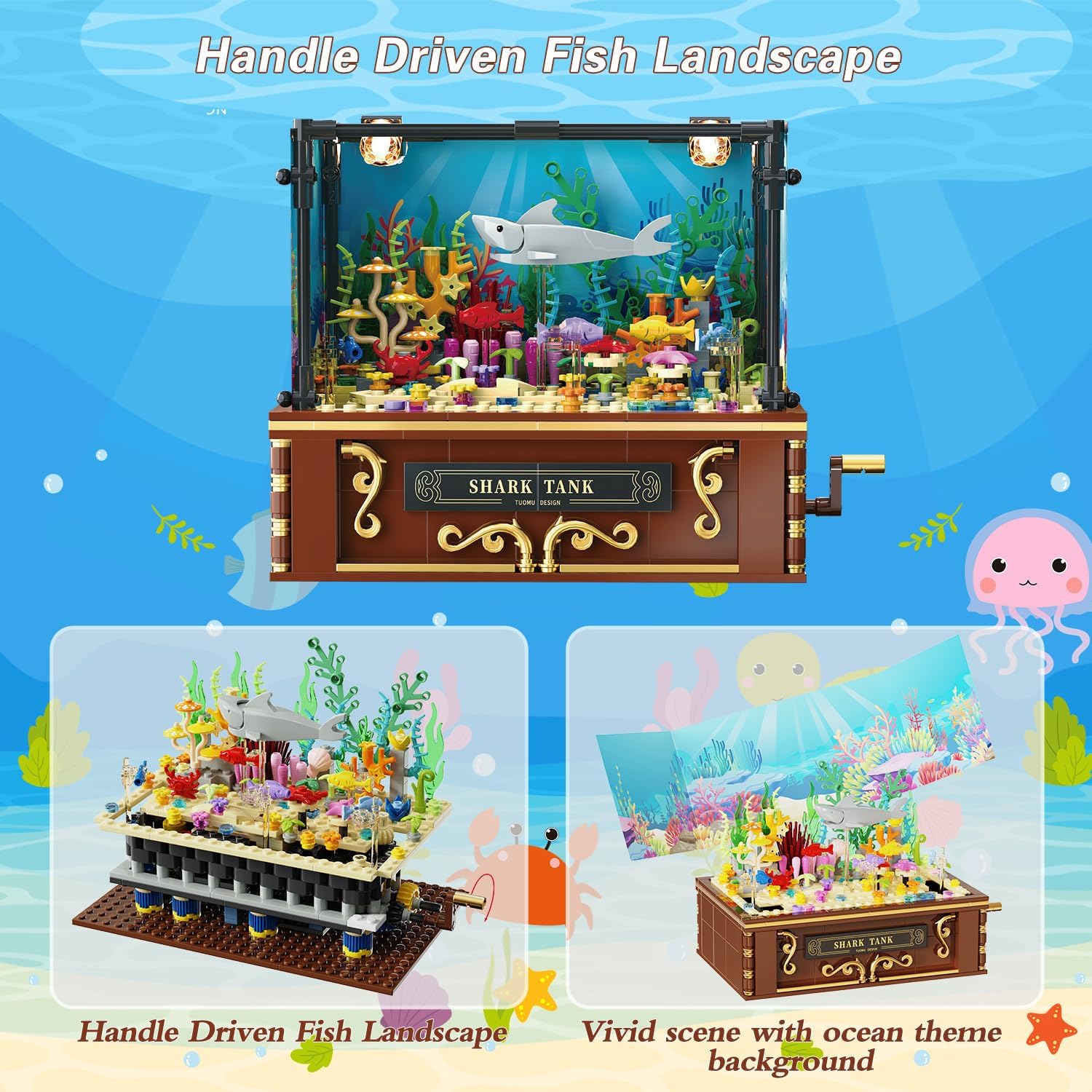 Fistone Fish Shark Tank Building Set for Kids & Adults, Lighting Aquarium Building Block Set, Includes Sharks, Seaweed and Crabs, Hand-Cranked Dynamic Animal Toy for Boys and Girls Ages 8+, 721pcs