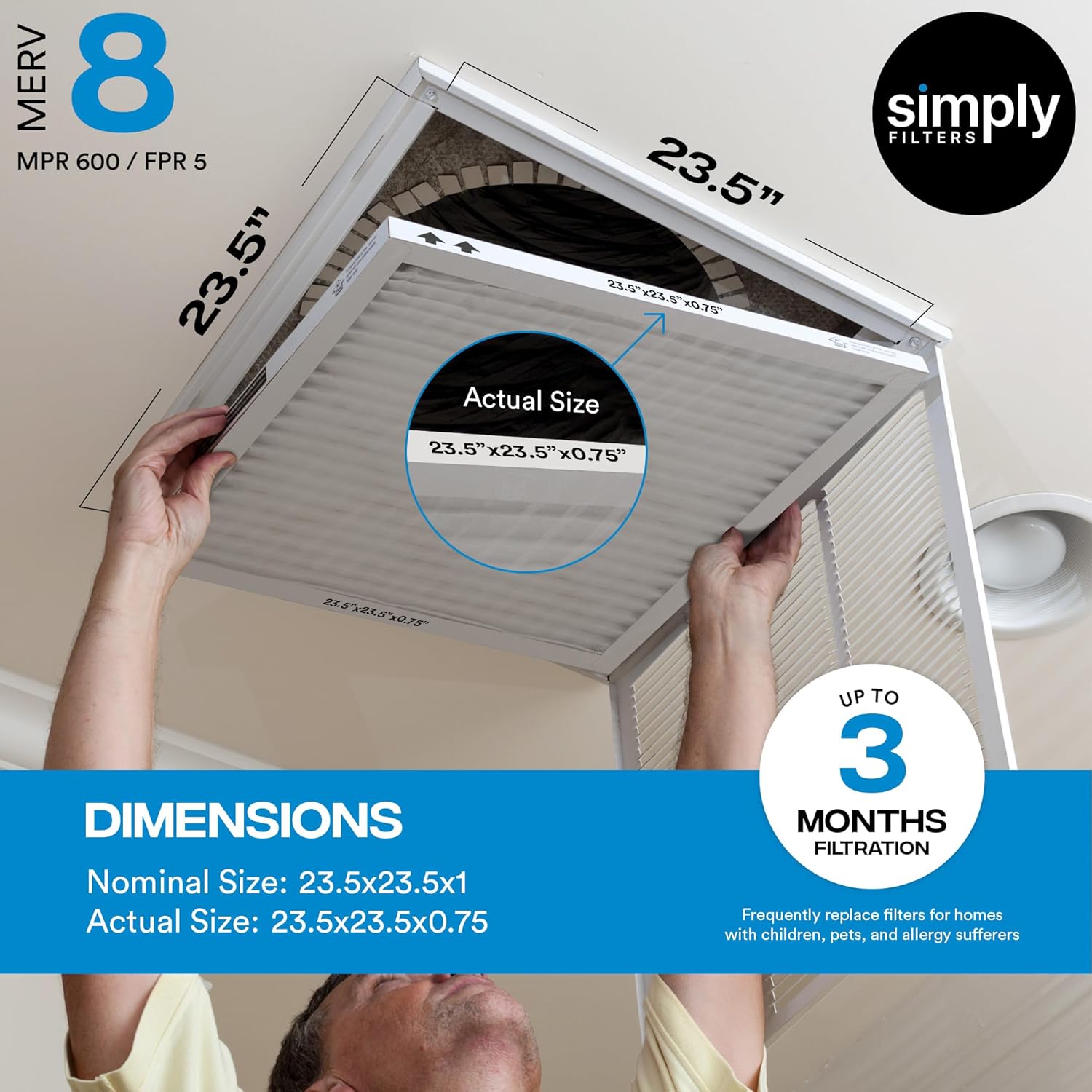 Simply 23.5x23.5x1 Air Filter, Merv 8, 6 Pack, For Home AC Furnace & HVAC (Actual Size: 23.5x23.5x"x0.75") DUST, Pet, & Allergy Control