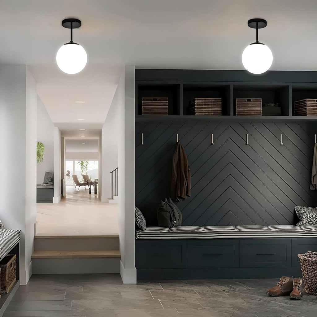 Globe Semi Flush Mount Ceiling Light, Mid Century Modern Light Fixture Ceiling, Milk Glass with Matte Black Finish, Living Room Kitchen Bedroom Hallway Storage Schoolhouse Laundry(LED Bulb Incl.)