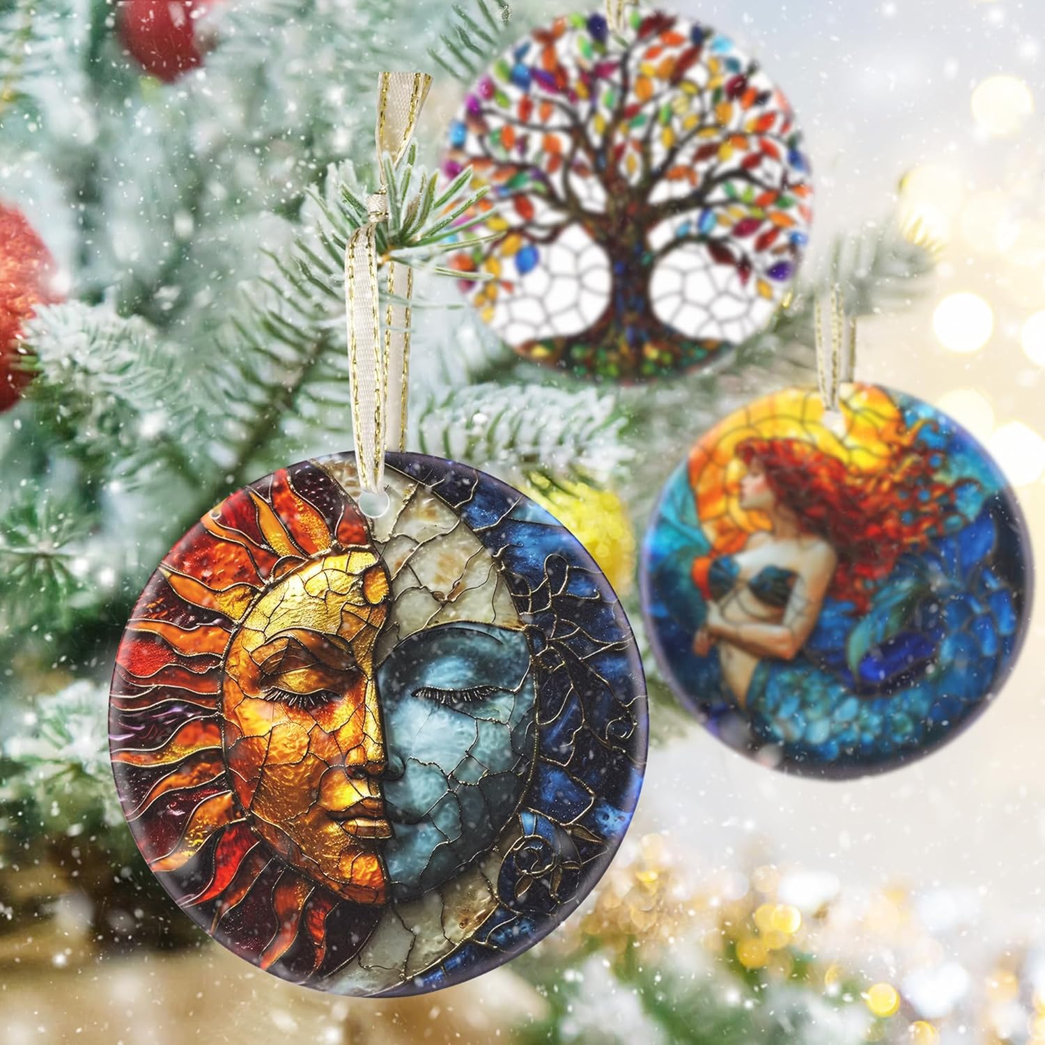 3.5 Inch Ceramic Christmas Tree Ornament, Sun and Moon Christmas Ornaments, Heirloom Keepsake, Gift Exchange, Gift Idea, Bauble Present