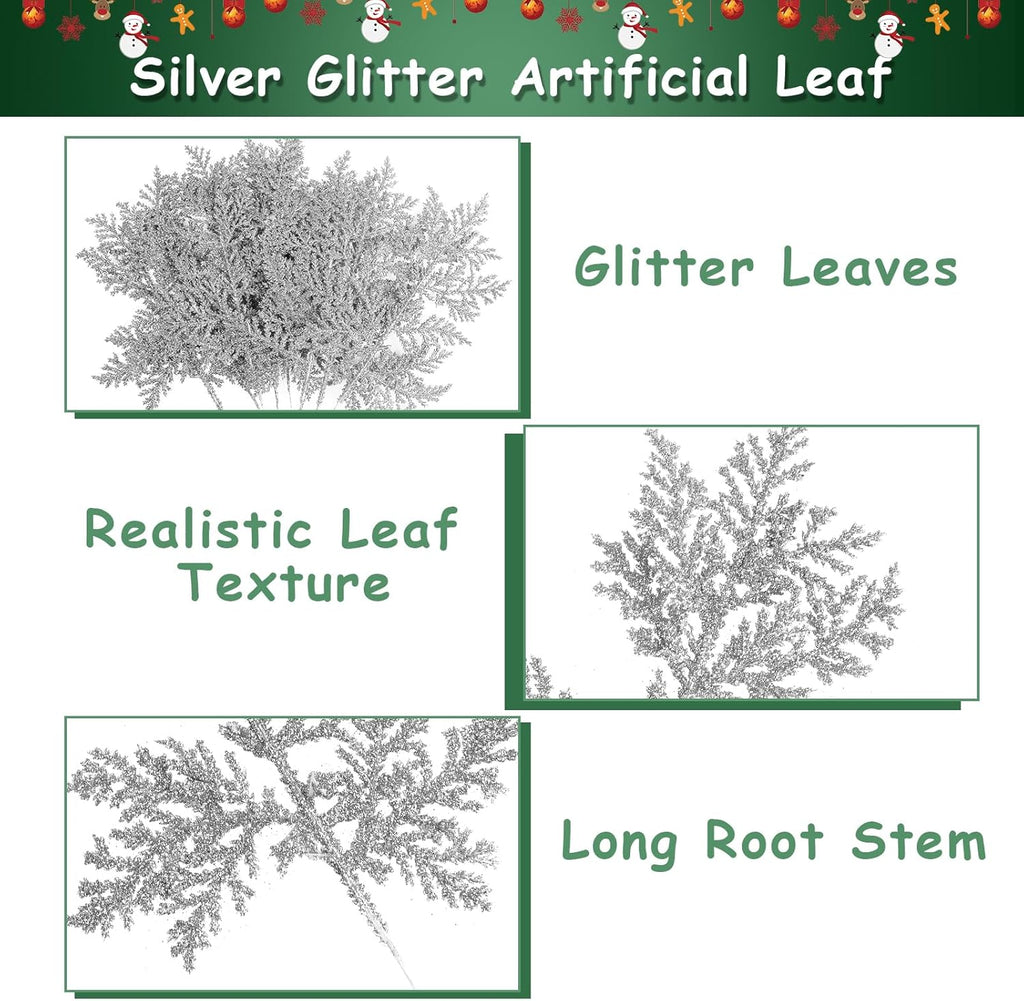 KIMOBER 20PCS Christmas Artificial Pine Needles,Glitter Silver Fake Floral Spray Picks Branches Twig for Xmas Tree Wreath Wedding Bouquet Decoration