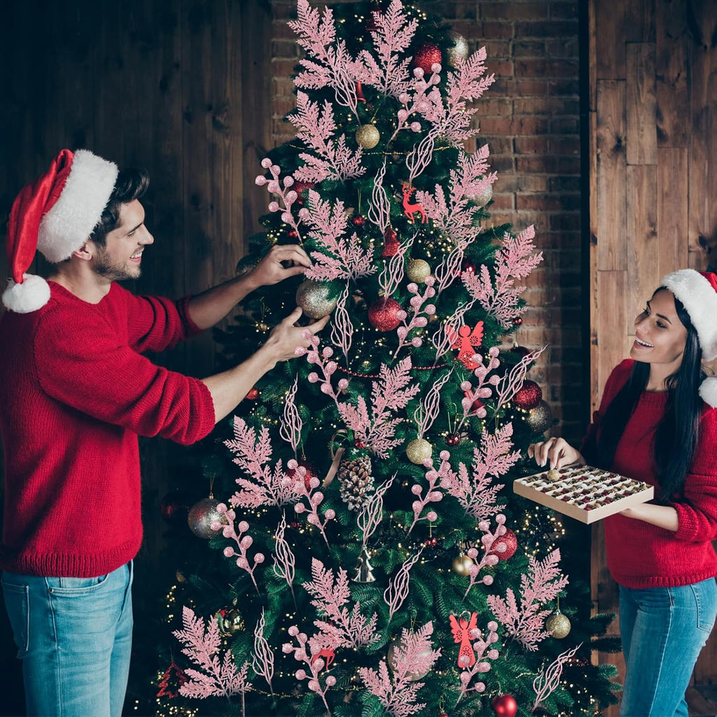 75 Pcs Christmas Glitter Branches 3 Styles Artificial Christmas Picks Berries Stems Pine Needles Floral Twig Spray for Xmas Tree Ornaments DIY Wreath Garland(Pink)