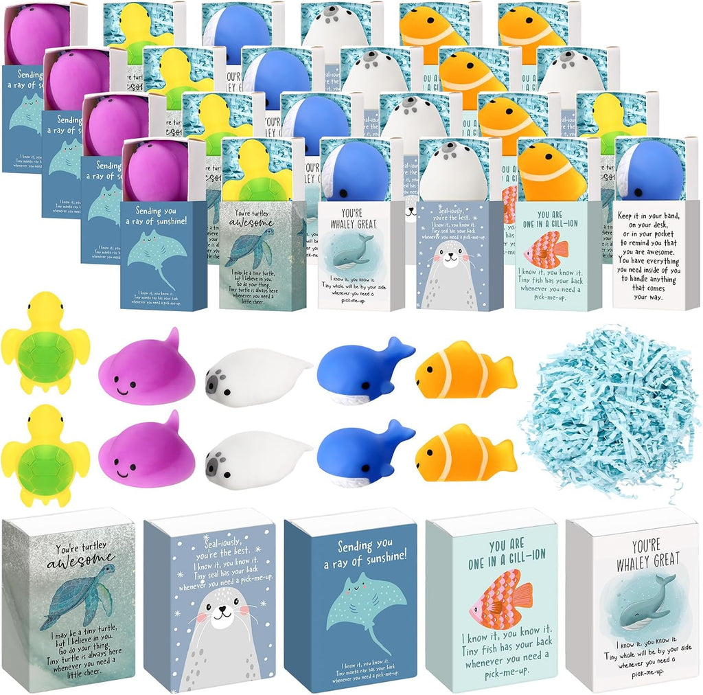 Wettarn 25 Sets Sea Animal Positive Gifts Cute Stress Balls with Support Gift Boxes Inspirational Party Favors for Employee Coworker Friends Office Appreciation Relief Toys