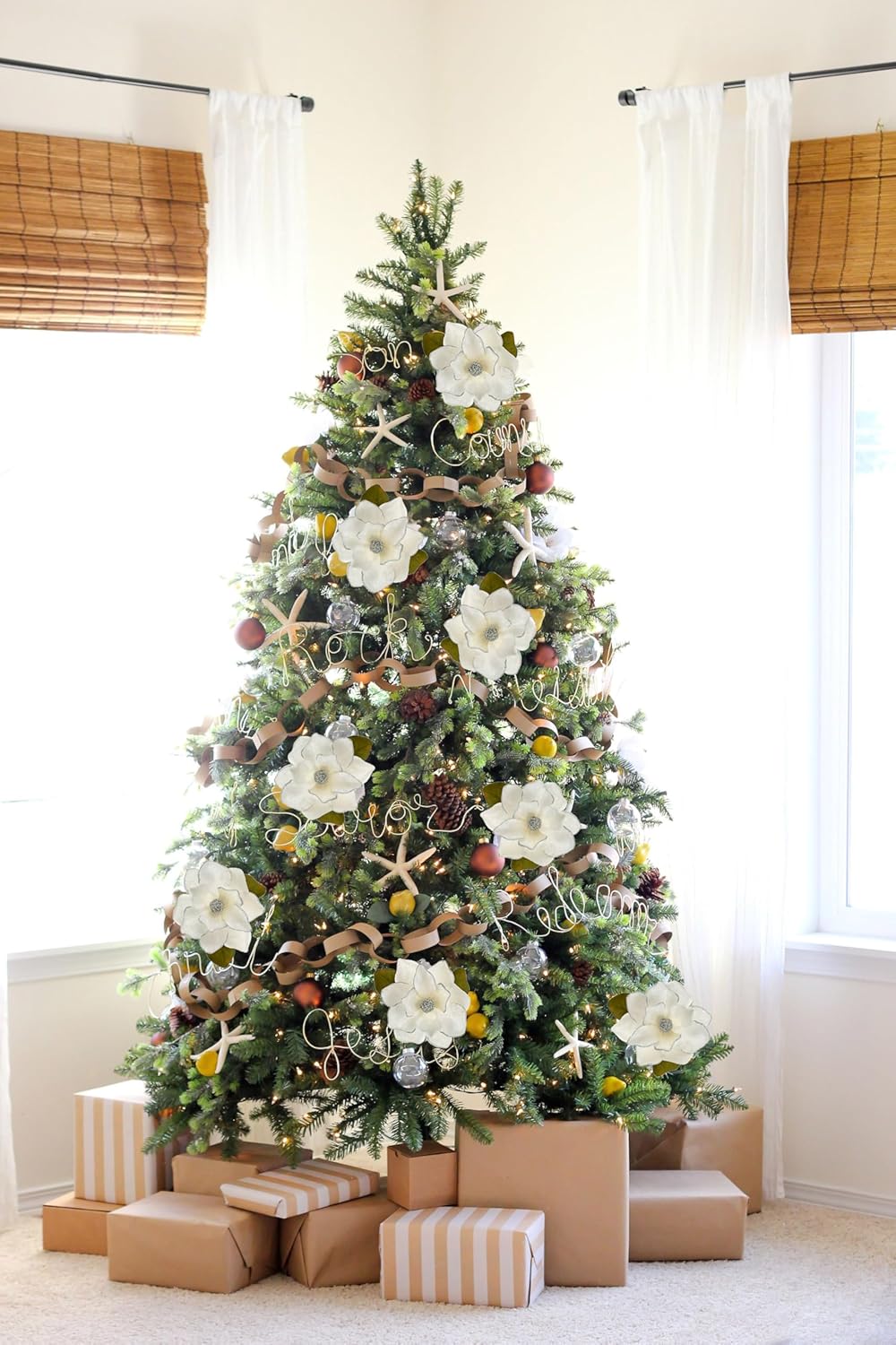 Briful Set of 3 Artificial Christmas Magnolias Flowers – 30’’ Long Stem Faux Magnolia Stems for Tree Ornaments, Holiday Centerpieces & Christmas Decor, White