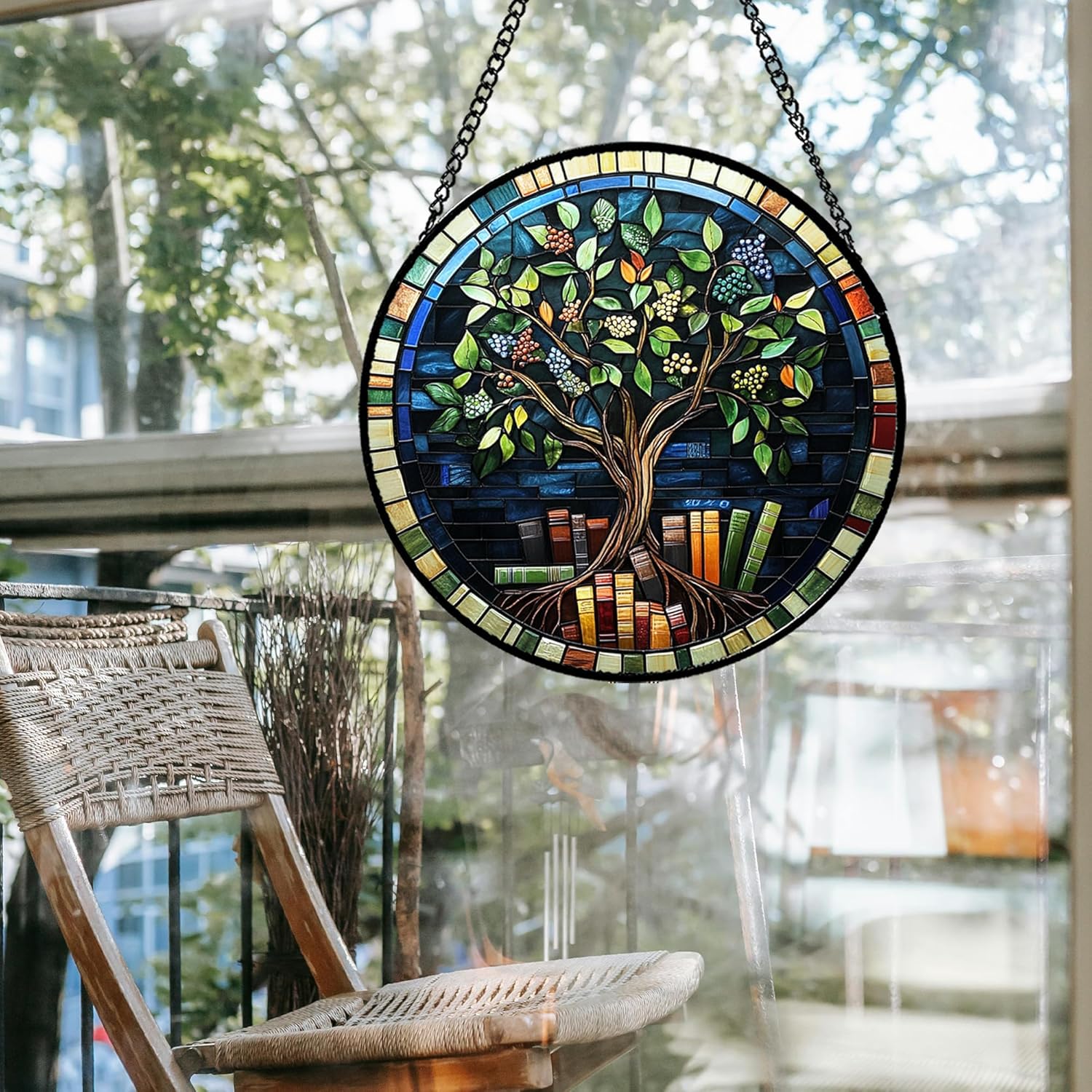 Stained Glass Window Hanging Green Life Tree Berry Book 7.8" - Blue Suncatcher Door Garden Sun Catcher Home Decor Birthday Christmas for Mom Men Woman Nana Friend