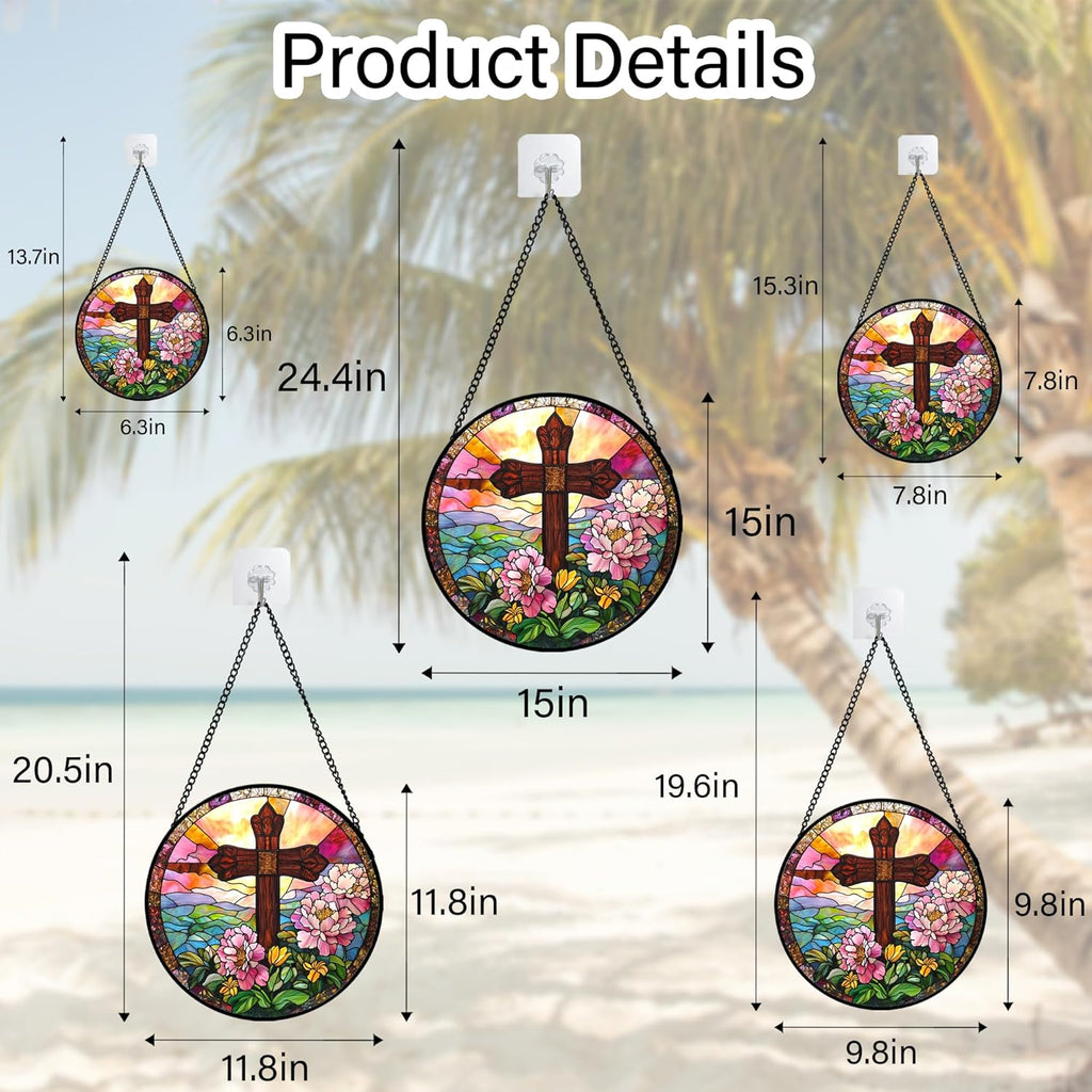 Christian Gifts for Women - Cross Stained Glass Window Hanging Jesus Easter Pink Flower Peony Sun Catcher Garden Religion Decor Mother's Day Catholic Gift for Men Grandma Mom Her Nana 15"