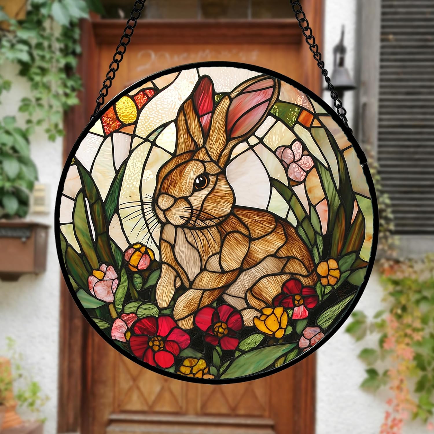 Stained Glass Window Hanging, Cute Bunny Flowers Sun Catcher for Window Door Home Decor, Rabbit Suncatcher Christmas Mother's Day Birthday Gifts for Women Men Mom and Nana 11.8 in