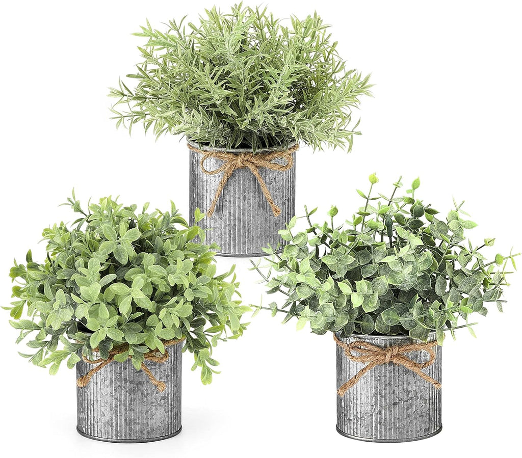 Mkono Small Fake Plants in Farmhouse Galvanized Metal Pots 3 Pack Potted Artificial Plant Eucalyptus for Laundry Room Bathroom Shelf Table Decor
