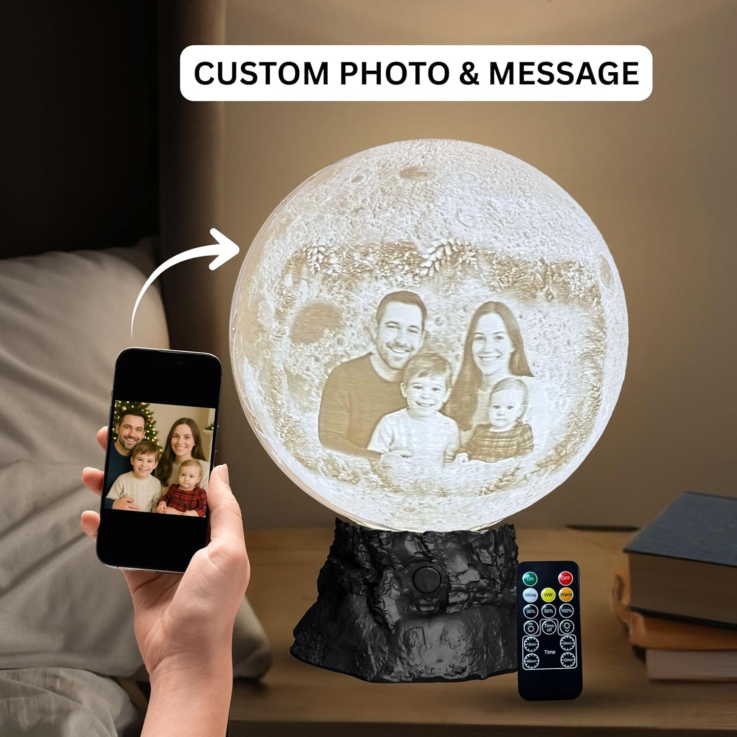 Personalized Christmas Moon Lamp with Custom Photo & Text – Moon Light for Holidays, Christmas Decor, Stocking Stuffers & Family Keepsakes | Christmas Gift for Family, Couples, Kids & Friends