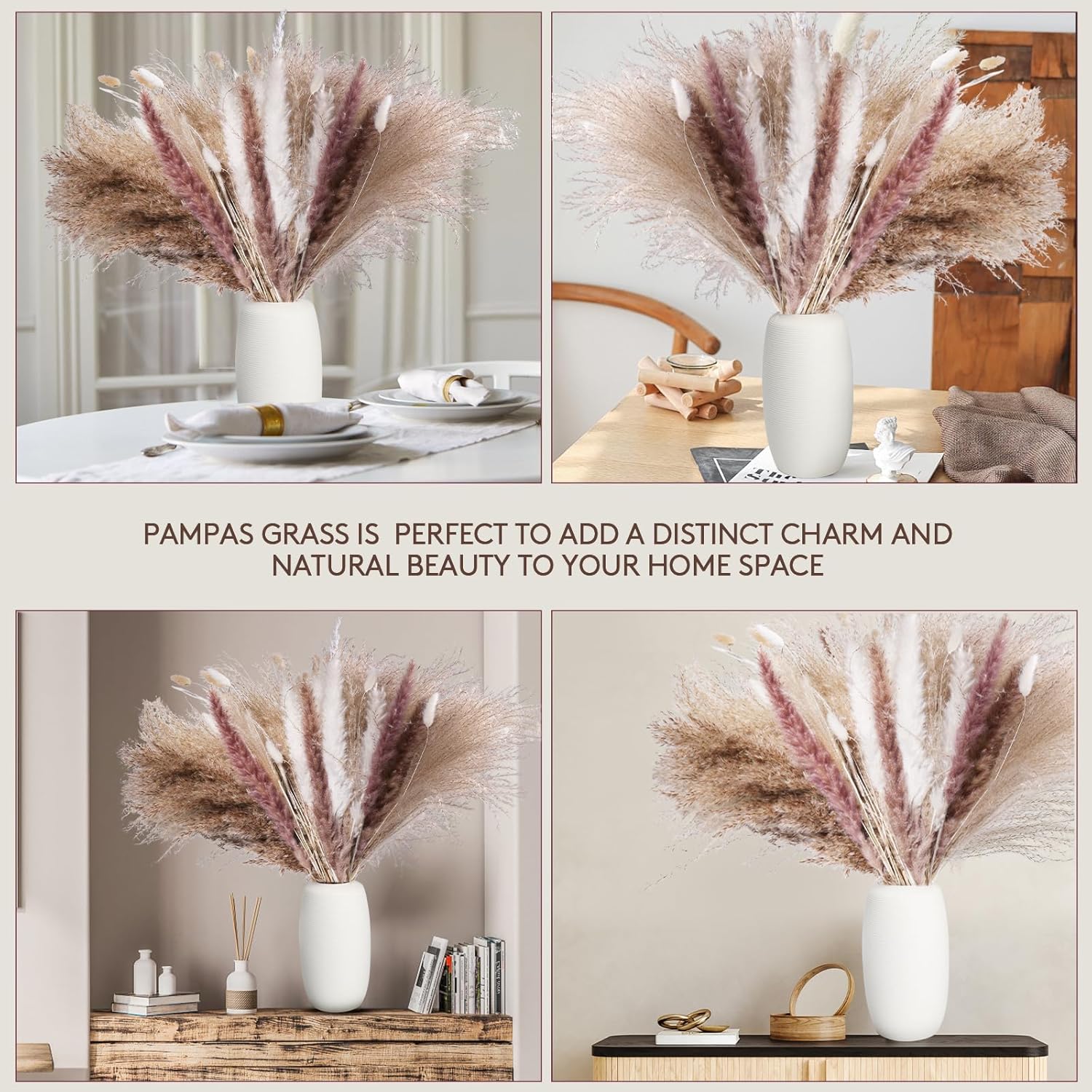 80PCS Dried Pampas Grass Bouquet – Bunny Tails, White Reed & Rustic Florals – Fluffy Donut Vase Filler for Japandi Shelf Styling, Boho Wedding & Neutral Home Decor