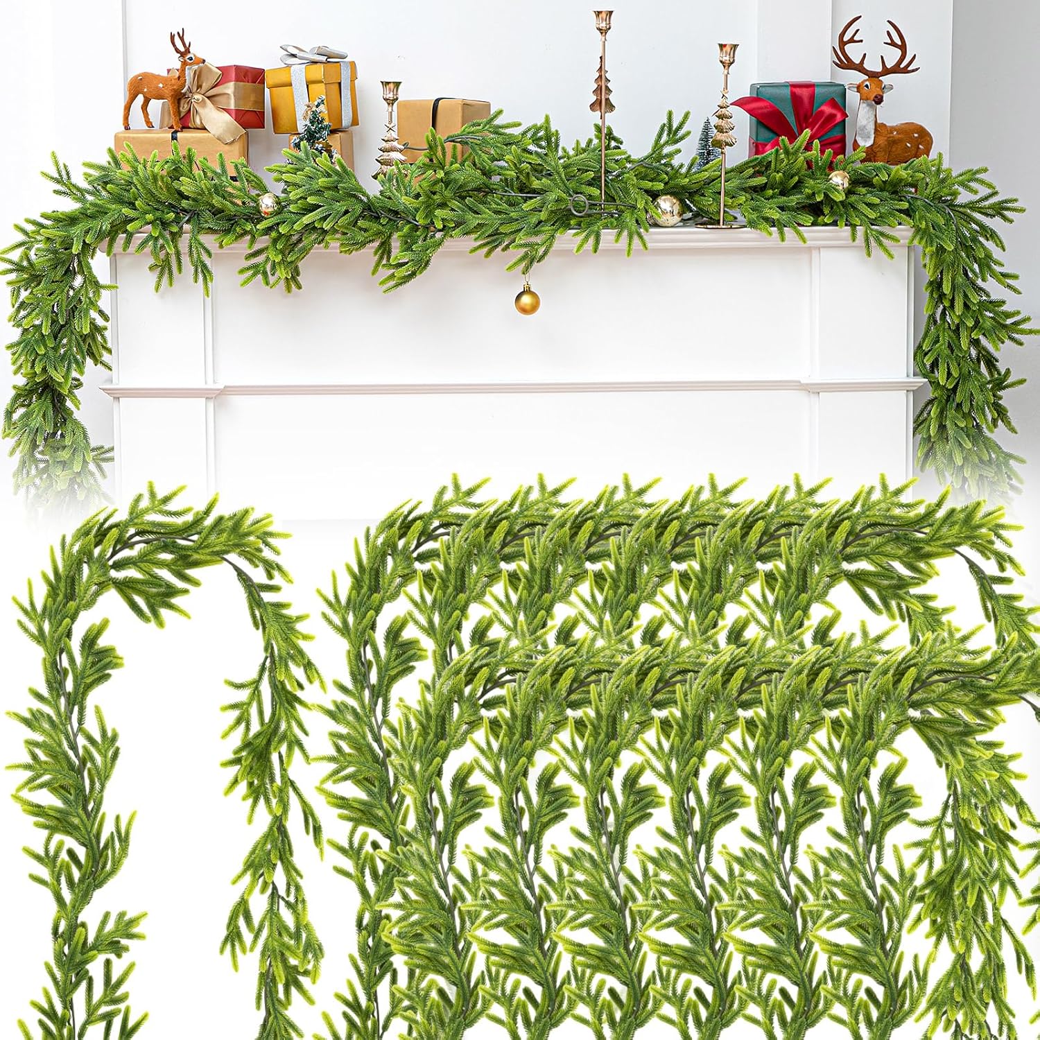 12 Pcs 5.6ft Artificial Christmas Garland Faux Norfolk Pine Garlands Realistic Leaves Hanging Greenery Plant for Christmas Table Fireplace Wall Mantle Indoor Xmas Decor
