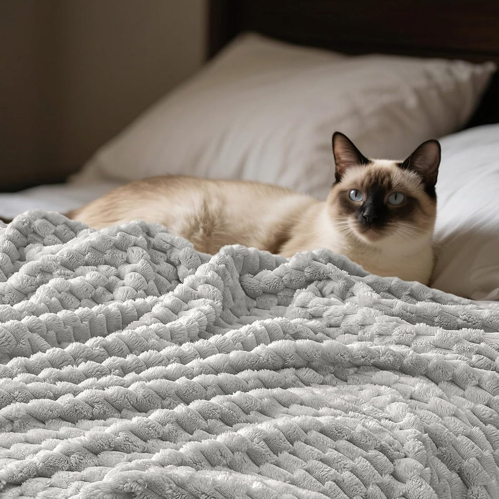 PHF Ultra Soft Flannel Fleece Blanket Queen Size, Lightweight 3D Jacquard Fleece Blanket, No Shedding, No Pilling, Luxury 340GSM Aesthetic Fluffy Cozy for Bed Room Decor, 90"x90", Light Grey