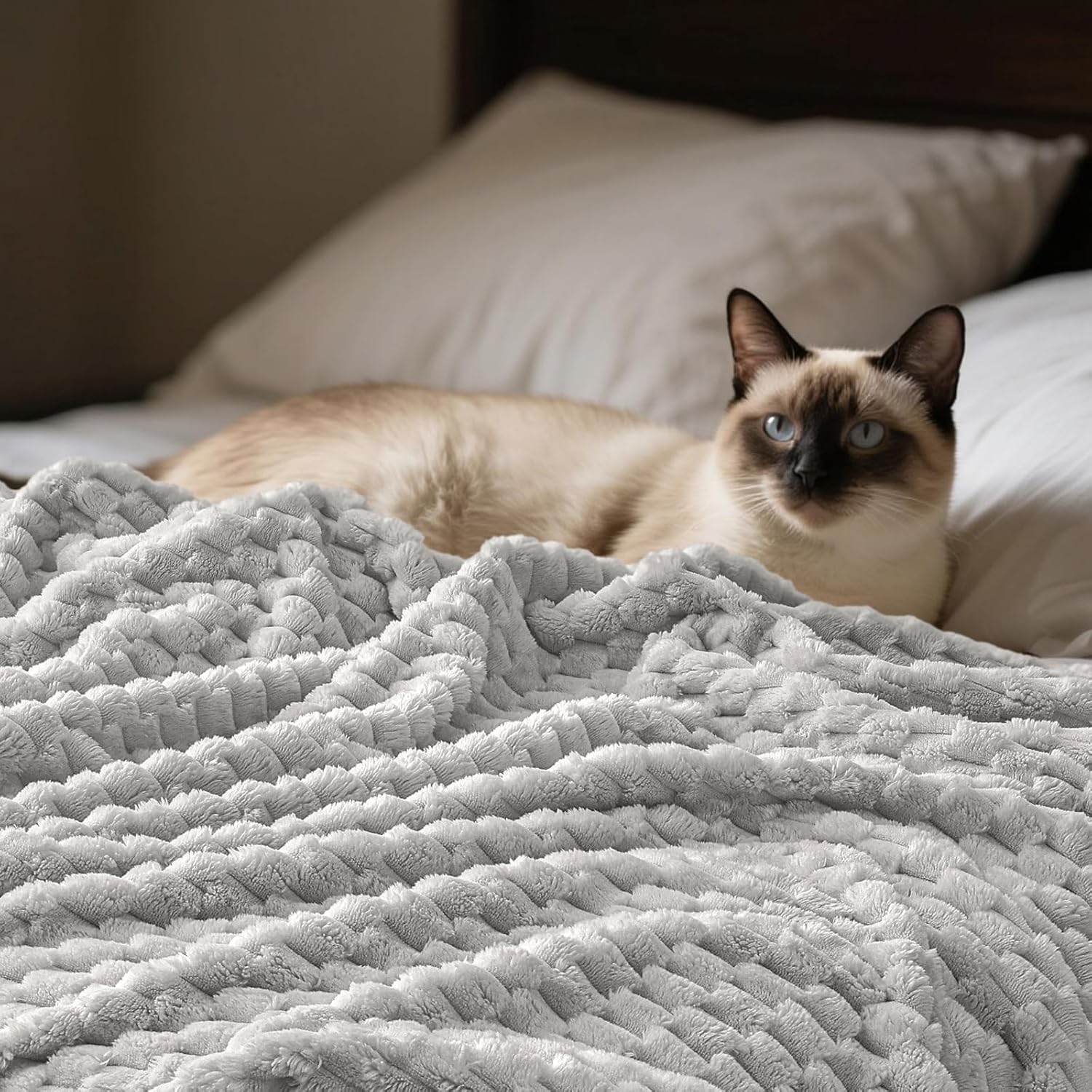 PHF Ultra Soft Flannel Fleece Blanket Twin Size, Lightweight 3D Jacquard Fleece Blanket, No Shedding, No Pilling, Luxury 340GSM Aesthetic Fluffy Cozy Bedding for Bed Room Decor, 66"x90", Light Grey