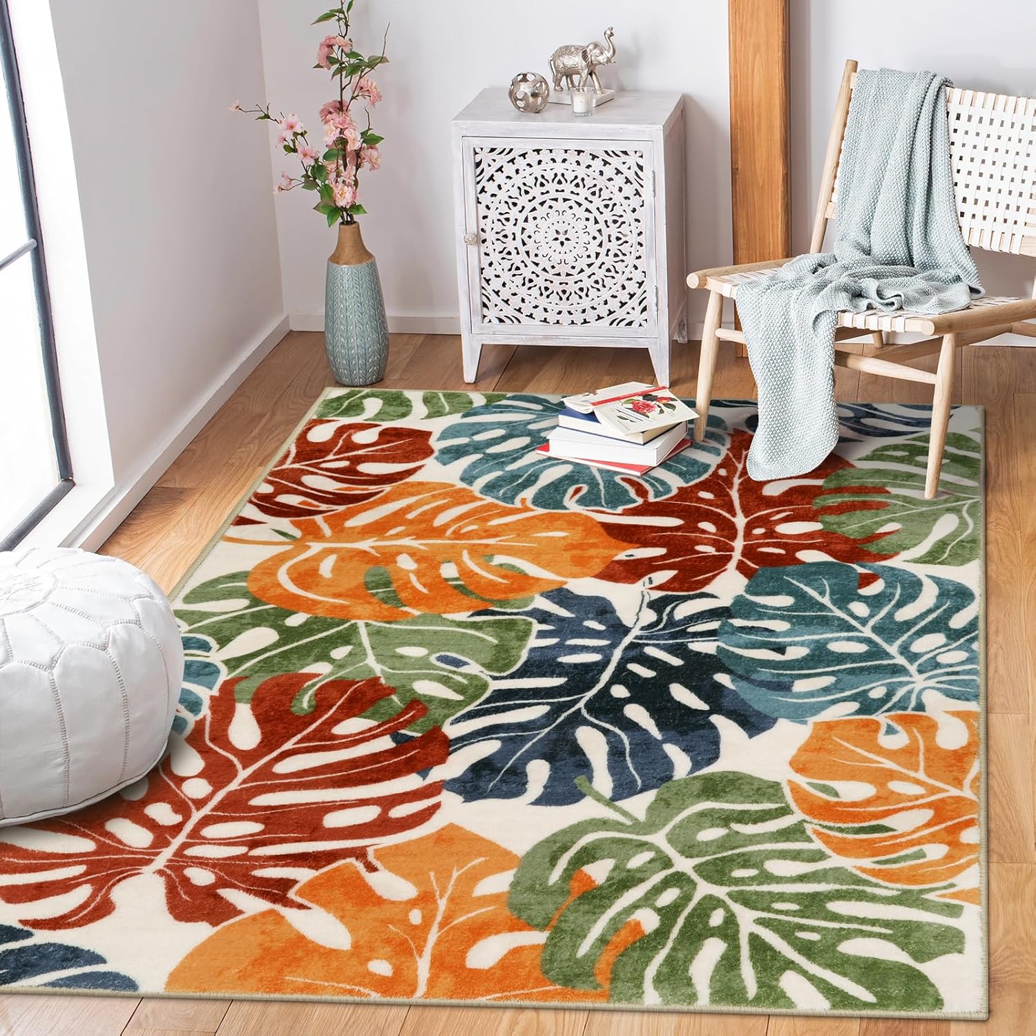 Wonnitar Monstera Colorful 3x5 Rug, Washable Tropical Leaf Entry Rug Indoor, Non-Slip Living Room Throw Carpet, Non-Shedding Low Pile Abstract Forest Floor Mat for Bedroom Kitchen Bathroom